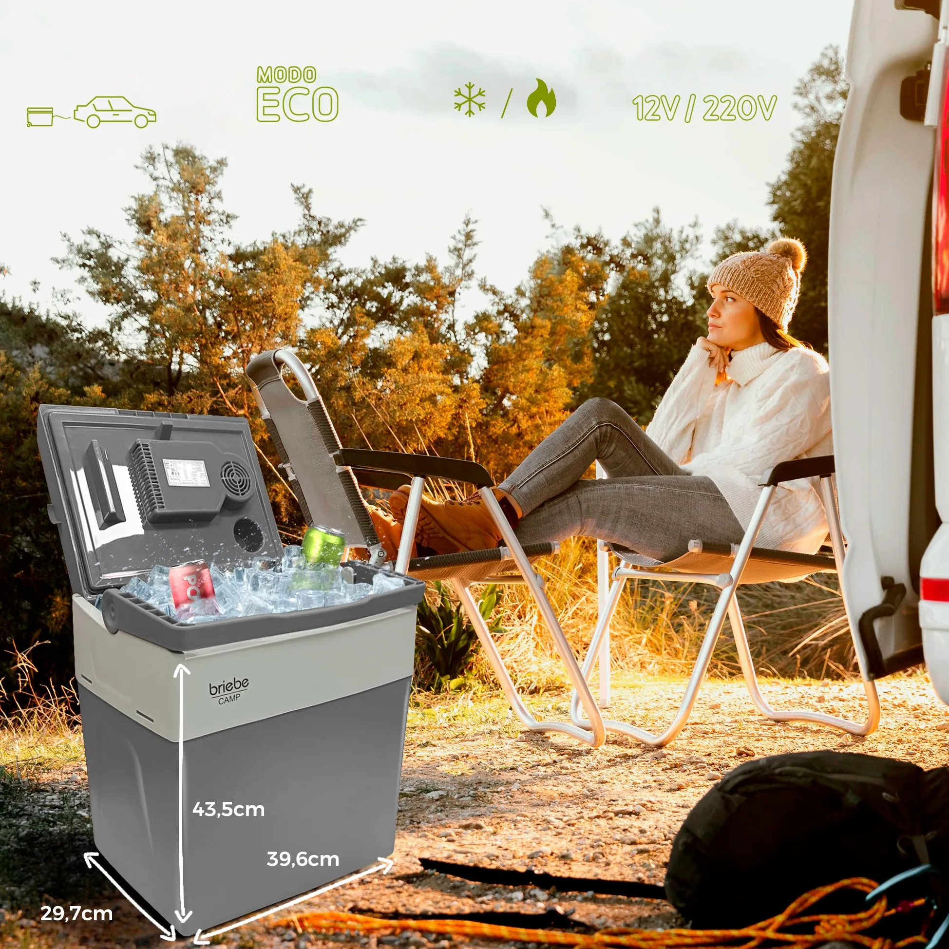 briebe Nevera Portátil Eléctrica de Viaje para Coche, Camping, 12V / 220V, Capacidad 28 litros, Refrigera, Mantiene el Calor, Modo Bajo Consumo