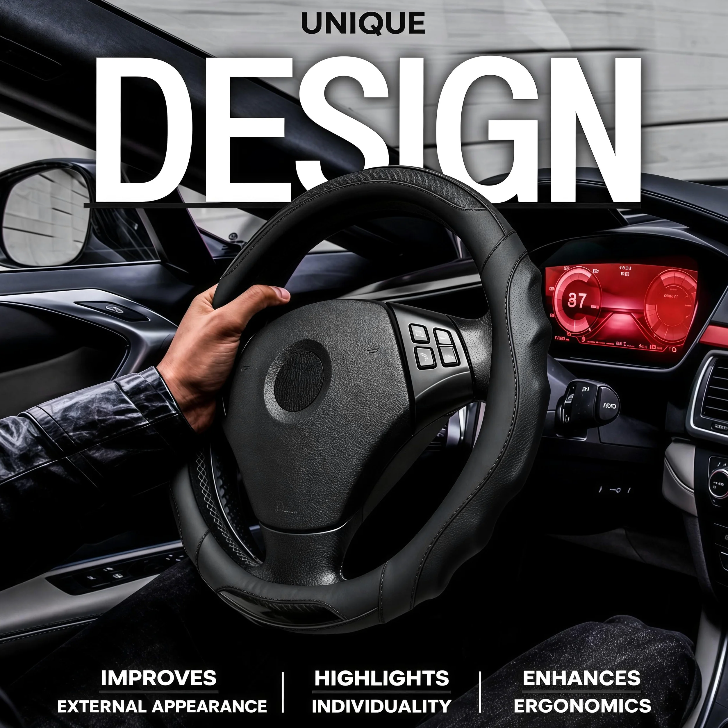 Funda de cuero para volante de automóvil, 14.5-15 pulgadas, antideslizante, universal para coches, camiones, SUV, accesorios de automóvil (línea negra - negra)