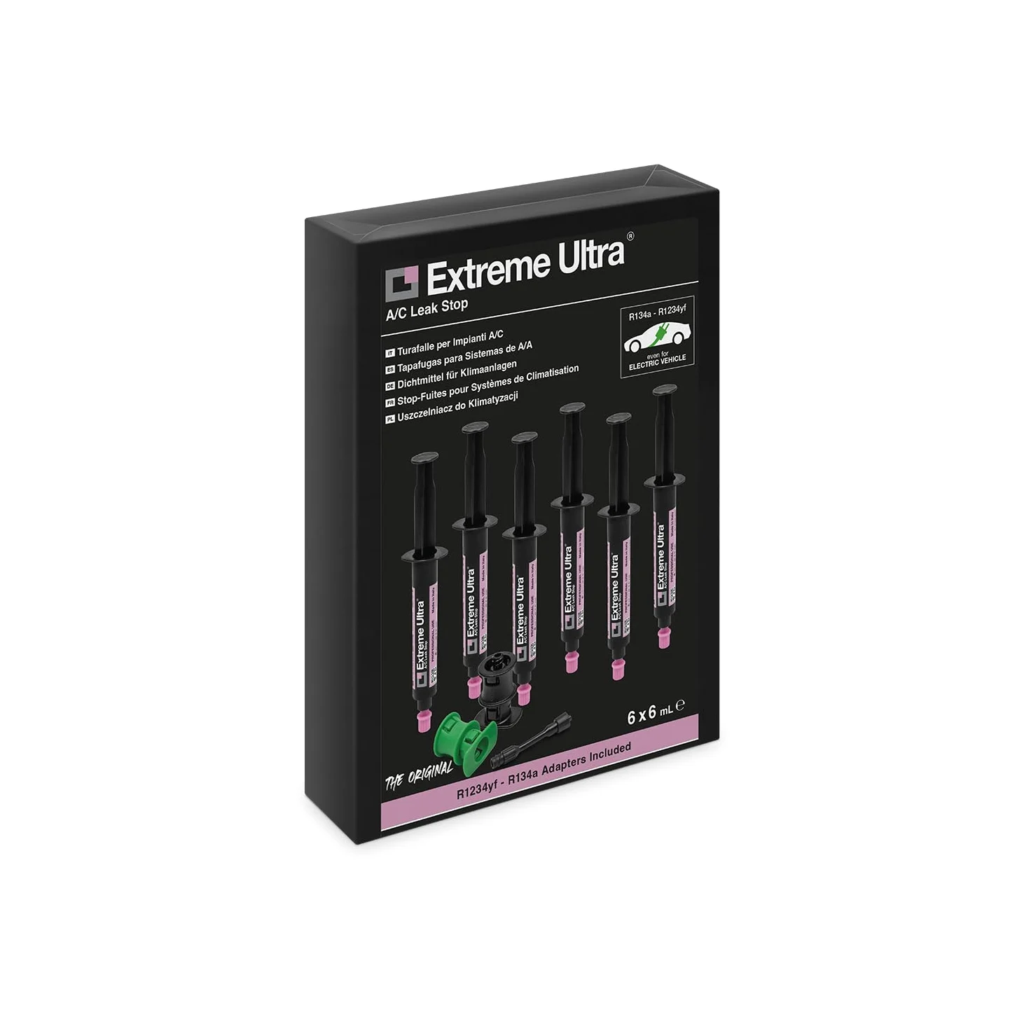 ERRECOM Extreme Ultra - 6 x 6 ml, Sellador de Fugas para Sistemas de Aire Acondicionado de Automóviles, incluye les adaptadores R134a y R1234yf