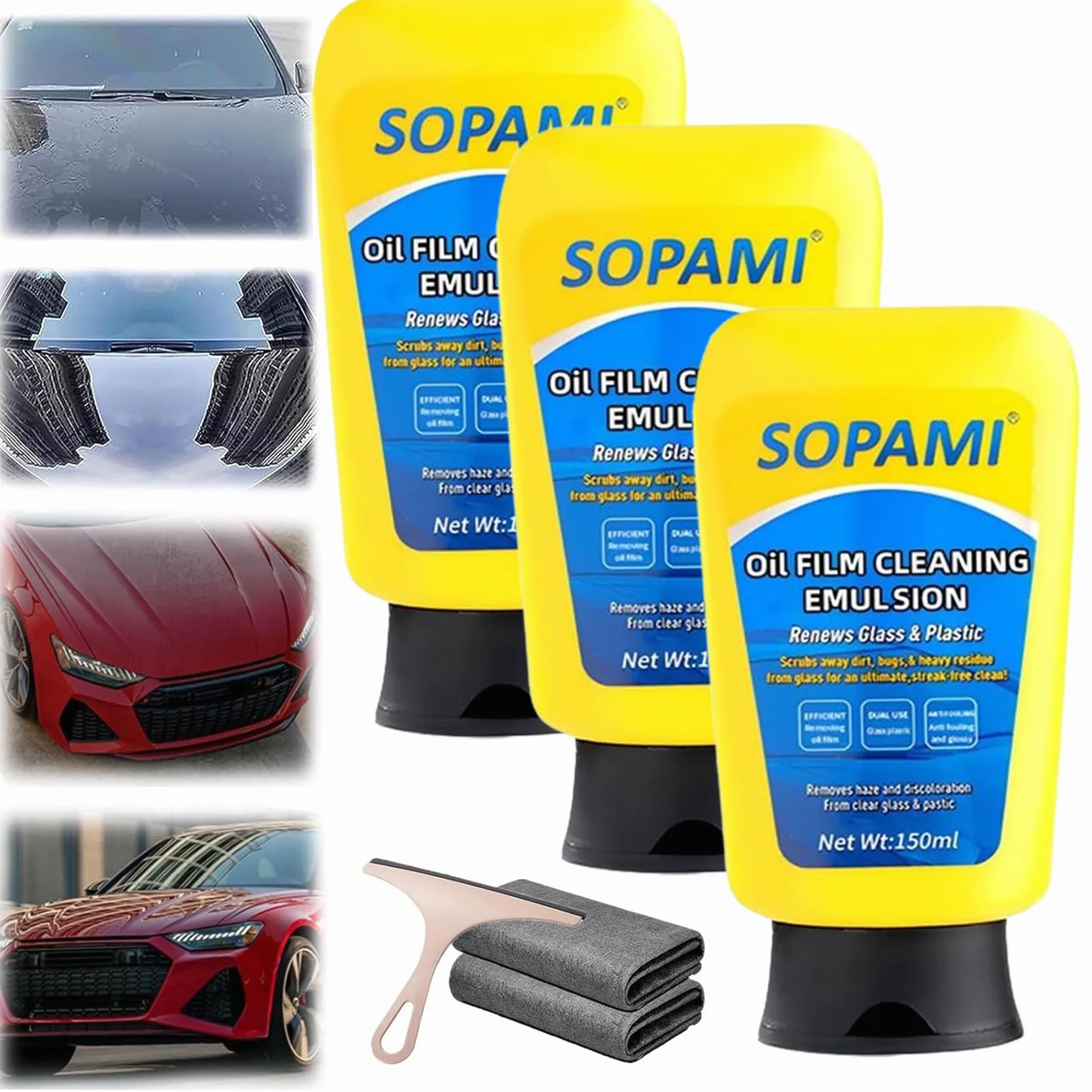Emulsión de limpieza de película de aceite automático, limpiador de cristales Nano-Tech, limpiador de ventanas de coche para parabrisas, limpieza de ventanas, espejos y más (3 piezas)