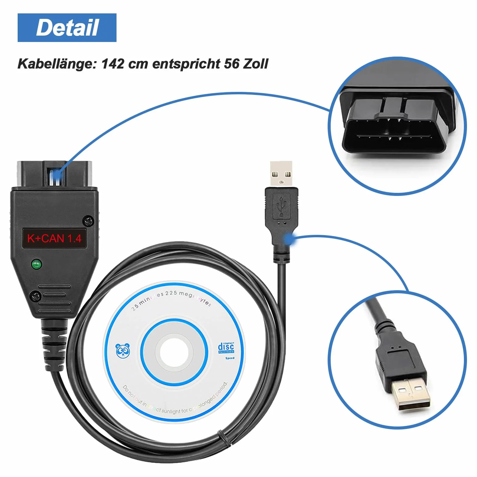 para K Can Commander v1.4 Cable OBD2 a USB,para vehículos BMW/Audi/Skoda/Seat/Nissan,Compatible con k+Can Commander 1.4 y Herramienta de escaneo de Software de programación ECU V-vvTOOL