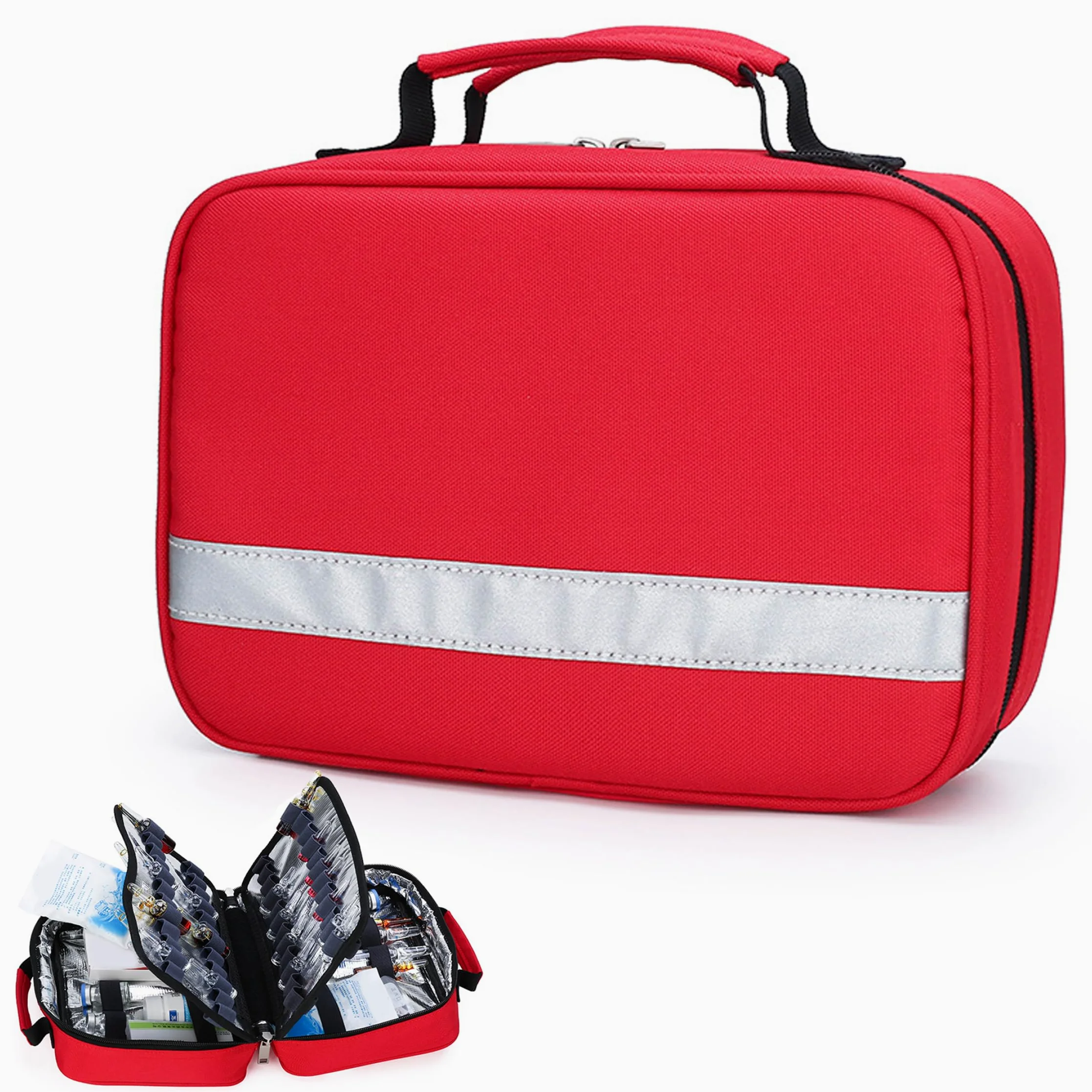 Bolsa de primeros auxilios vacía, bolsa de primeros auxilios impermeable aislada vacía con asa, de emergencia con cremallera para viajes en casa, coche, oficina, rojo, 10x7x4 pulgadas