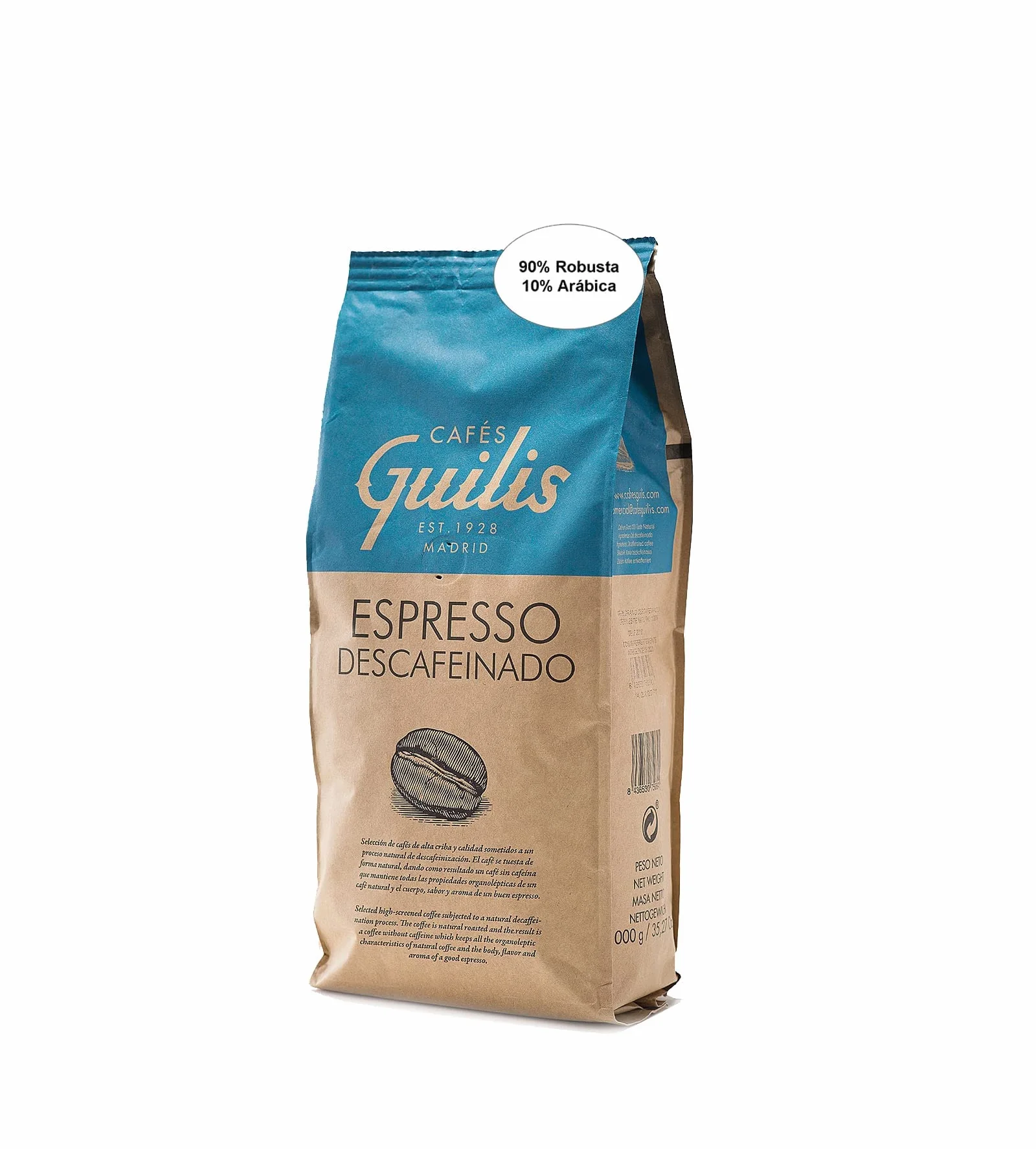 CAFES GUILIS DESDE 1928 Café Descafeinado en Grano 1 kg - Mezcla Intensa - Tueste Natural
