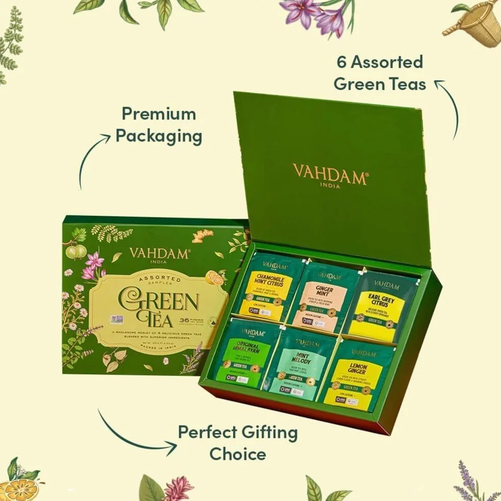 VAHDAM Caja de Regalo de Té Verde Surtida 6 Sabores 36 Bolsas Piramidales