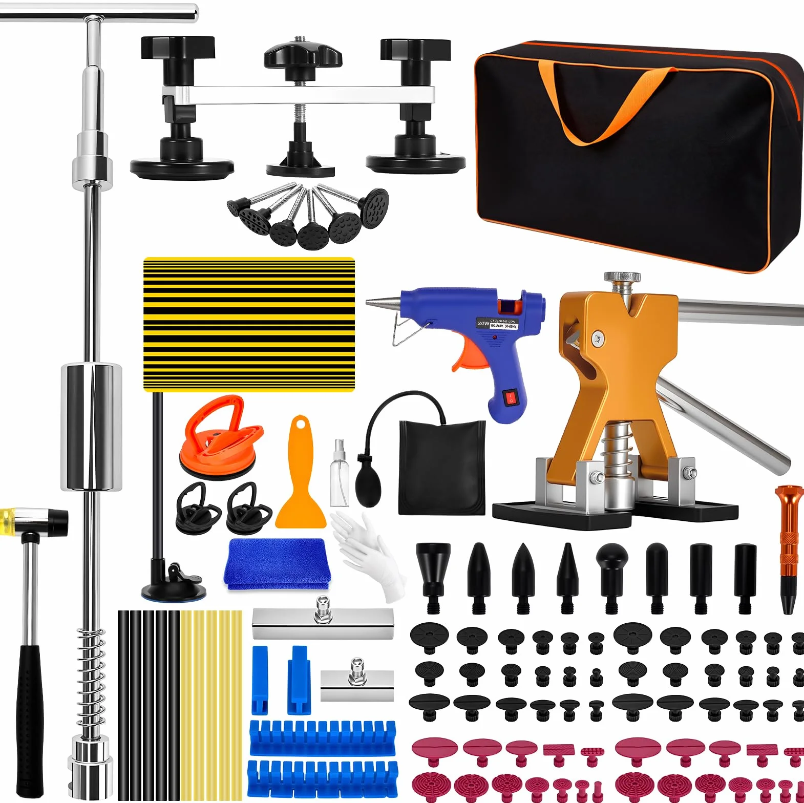 Kit Extractor Abolladuras Coche 120Pcs Pistola Pegamento Martillo Ventosas Reparación sin Pintura