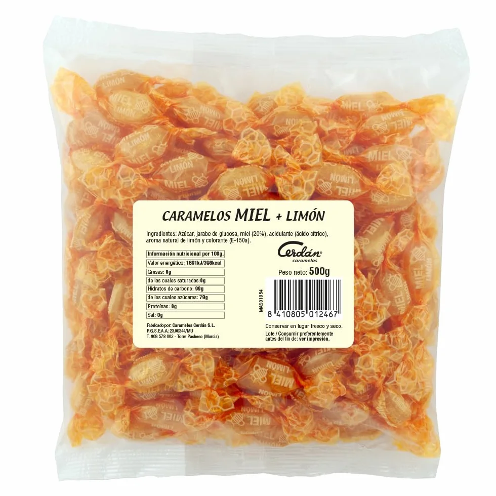 Caramelos Cerdán Caramelo Duro con Miel Pura y Limón Bolsa 150 Unidades Sin Gluten Medio Kilo