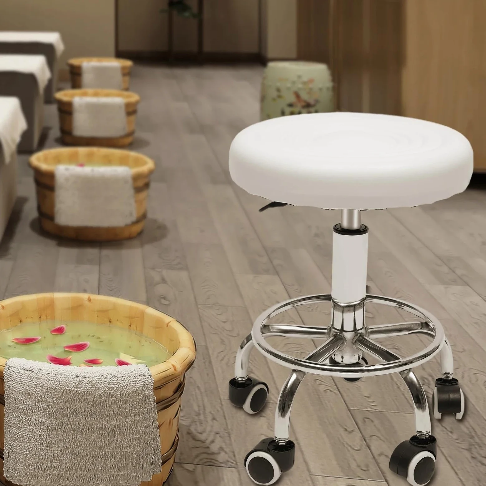 Asiento de mecanico Taburete Redondo con Ruedas y reposapiés de Altura Regulable para masajes de SPA y salón, Color Blanco y Negro Taburete Taller(White)