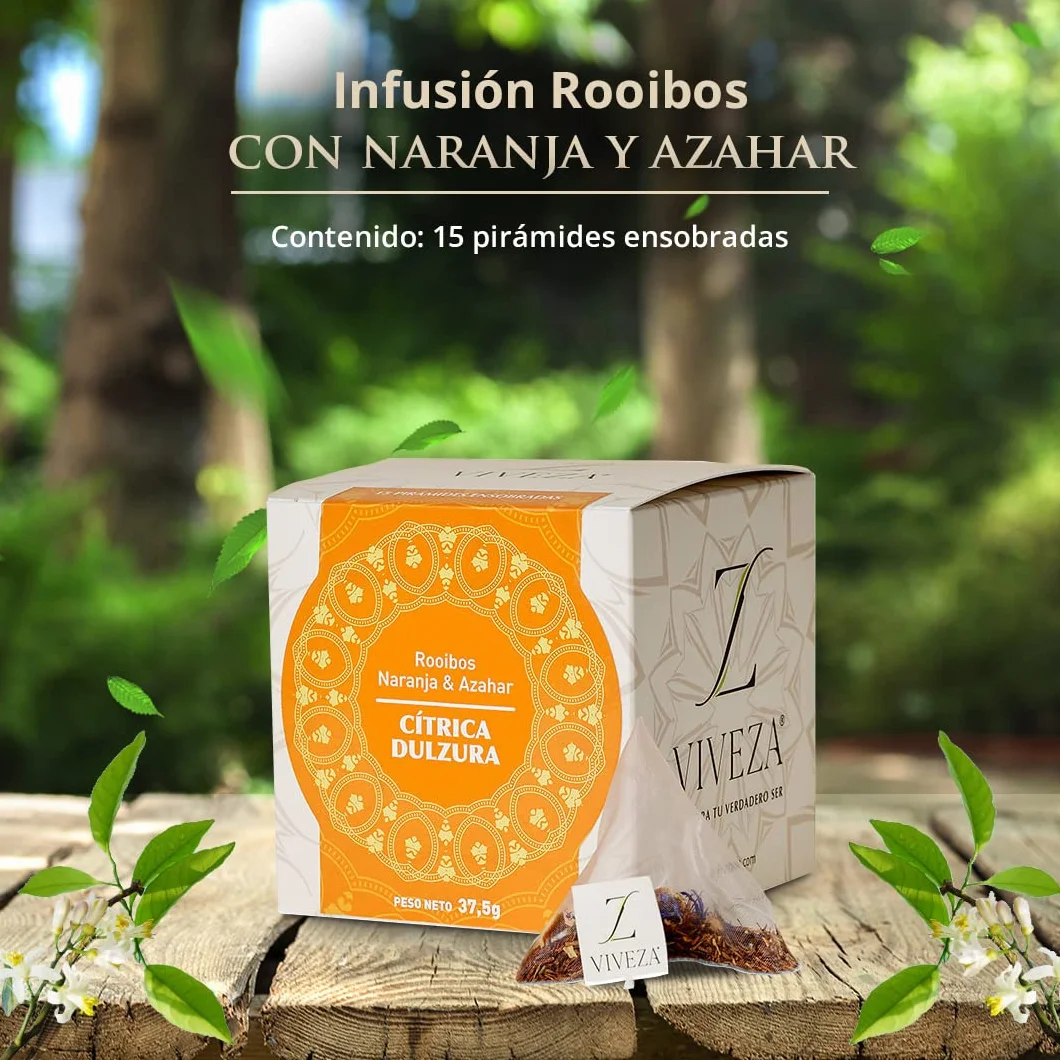 Viveza Cítrica Dulzura Infusión Rooibos con Naranja y Azahar Sin Teína Caja 15 Pirámides 37,5 gr