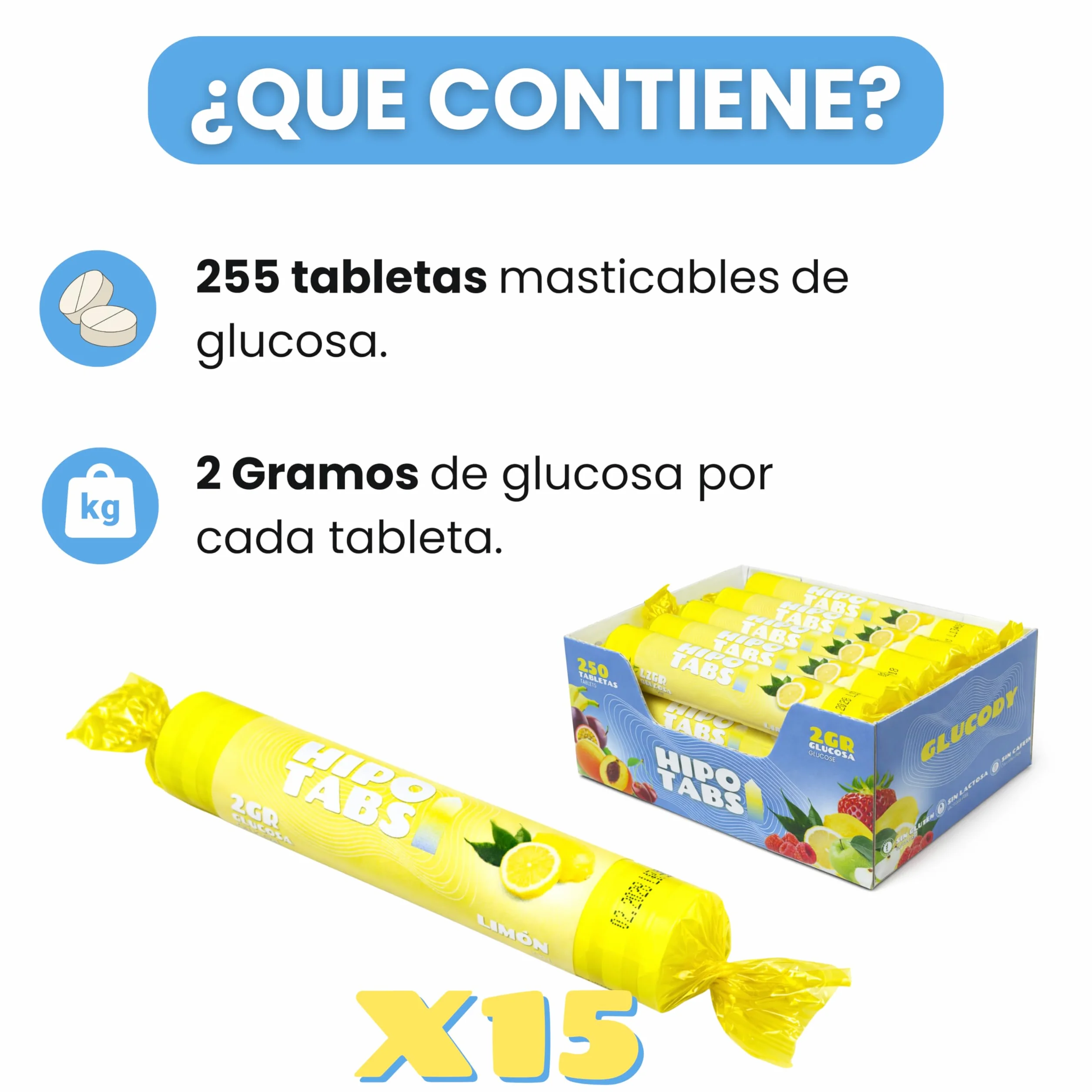 GLUCODY 255 Pastillas de Glucosa de Absorción Rápida, Caja 0,5 kg, 2g, Limón