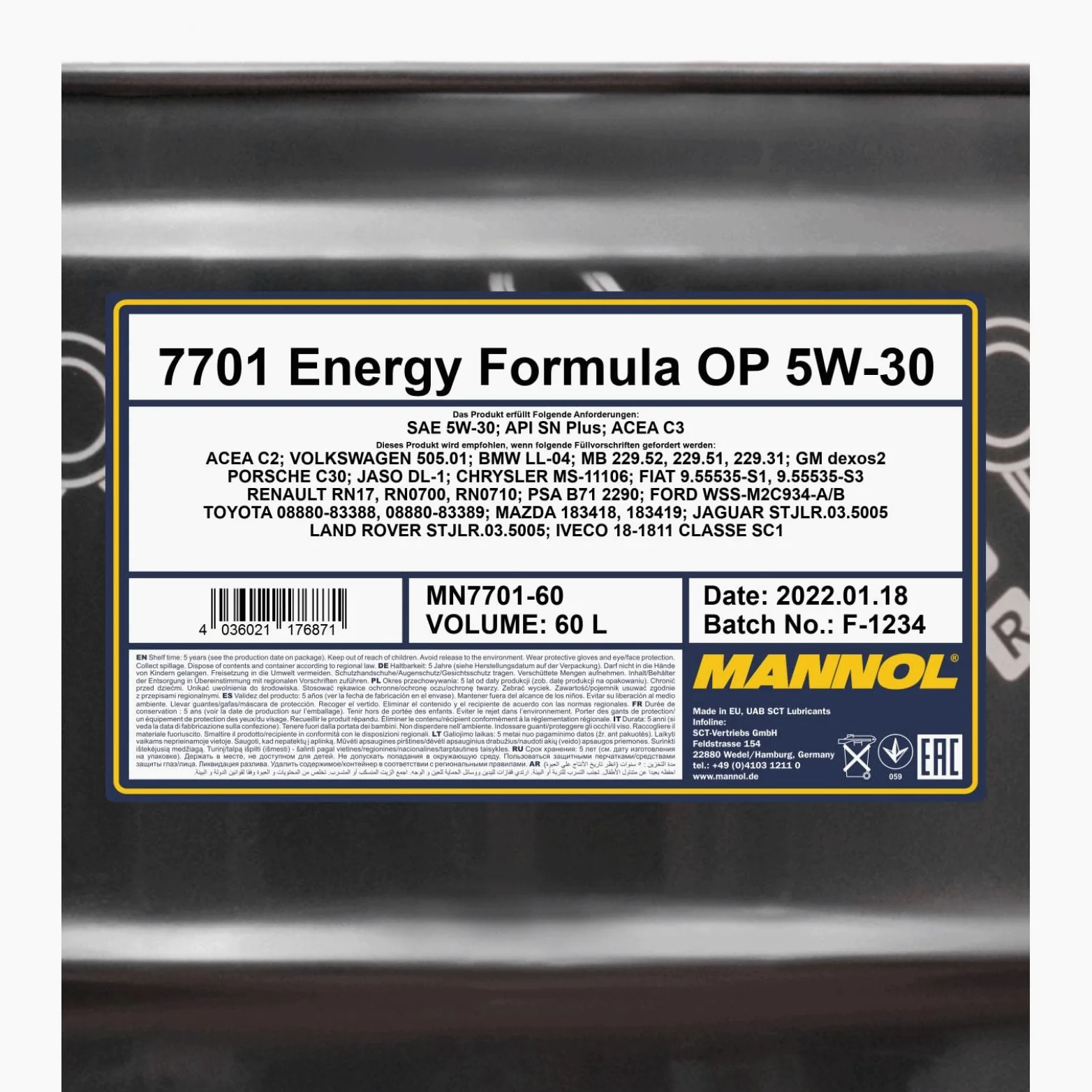 MANNOL Aceite de motor 5W-30 Energy ACEA C2 ACEA C3 API SP Formula OP 60L Compatible con VW Polo V Hatchback 6R1, 6C1 Golf 7 Hatchback 5G1, BQ1, BE1, BE2, PEUGEOT 208 I Hatchback CA, CC, TOYOTA, OPEL