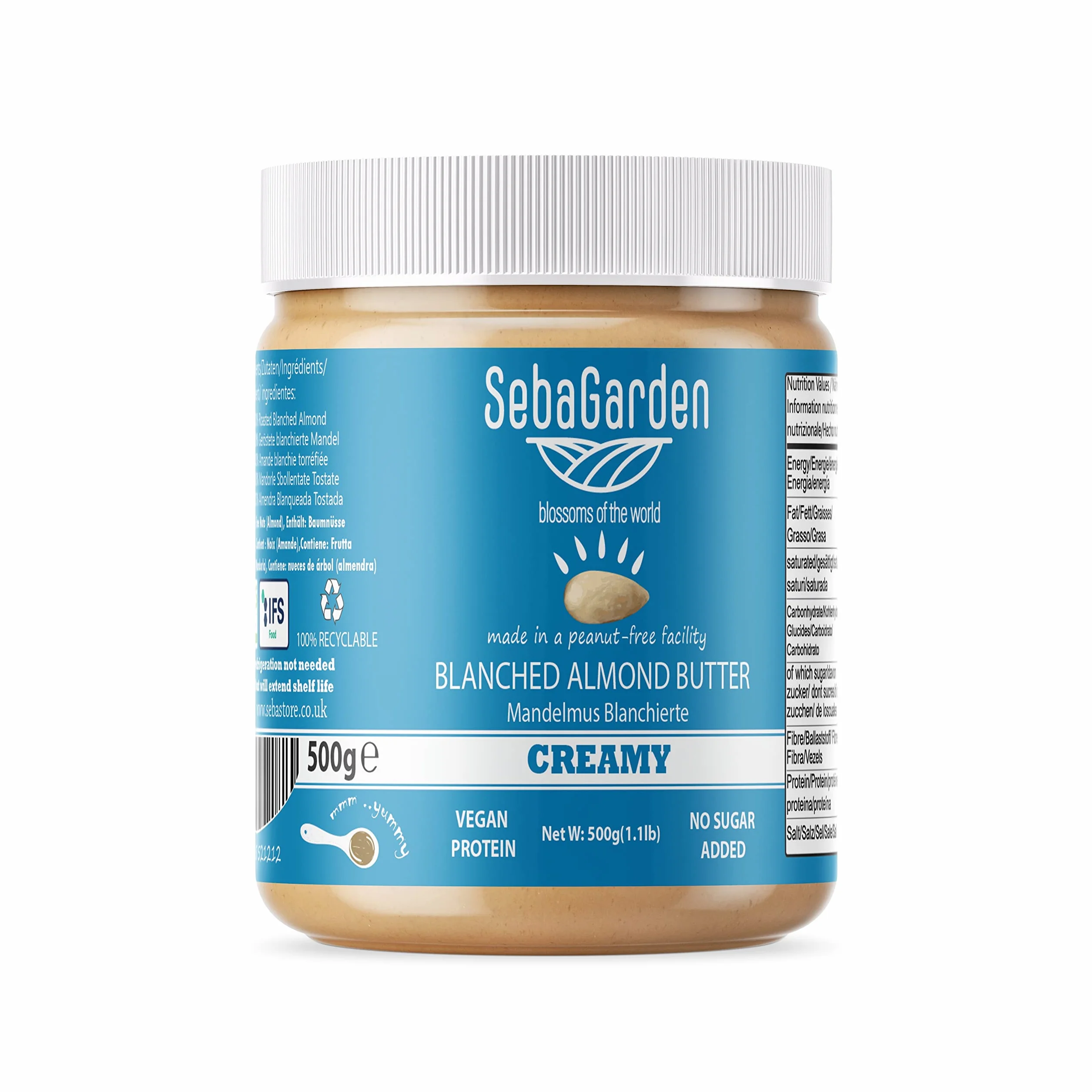 Seba Garden Mantequilla de almendras blanqueada 500 g sin sal sin azúcar vegana paleo