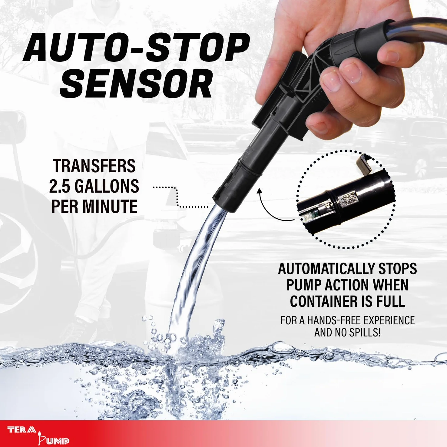 TERA PUMP TRFA01-XL - Bomba de transferencia de combustible para carreras, varios accesorios para latas de gasolina, adaptador de jarra de celda de combustible de carreras y sensor avanzado de parada