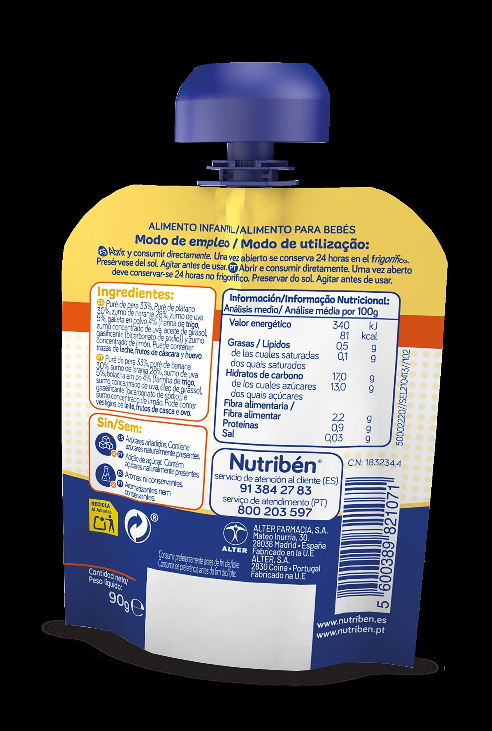 Nutribén Fruta And Go Bolsita de Puré de Frutas 100% Natural Pera Plátano Naranja y Galleta Pack 10 x 90g