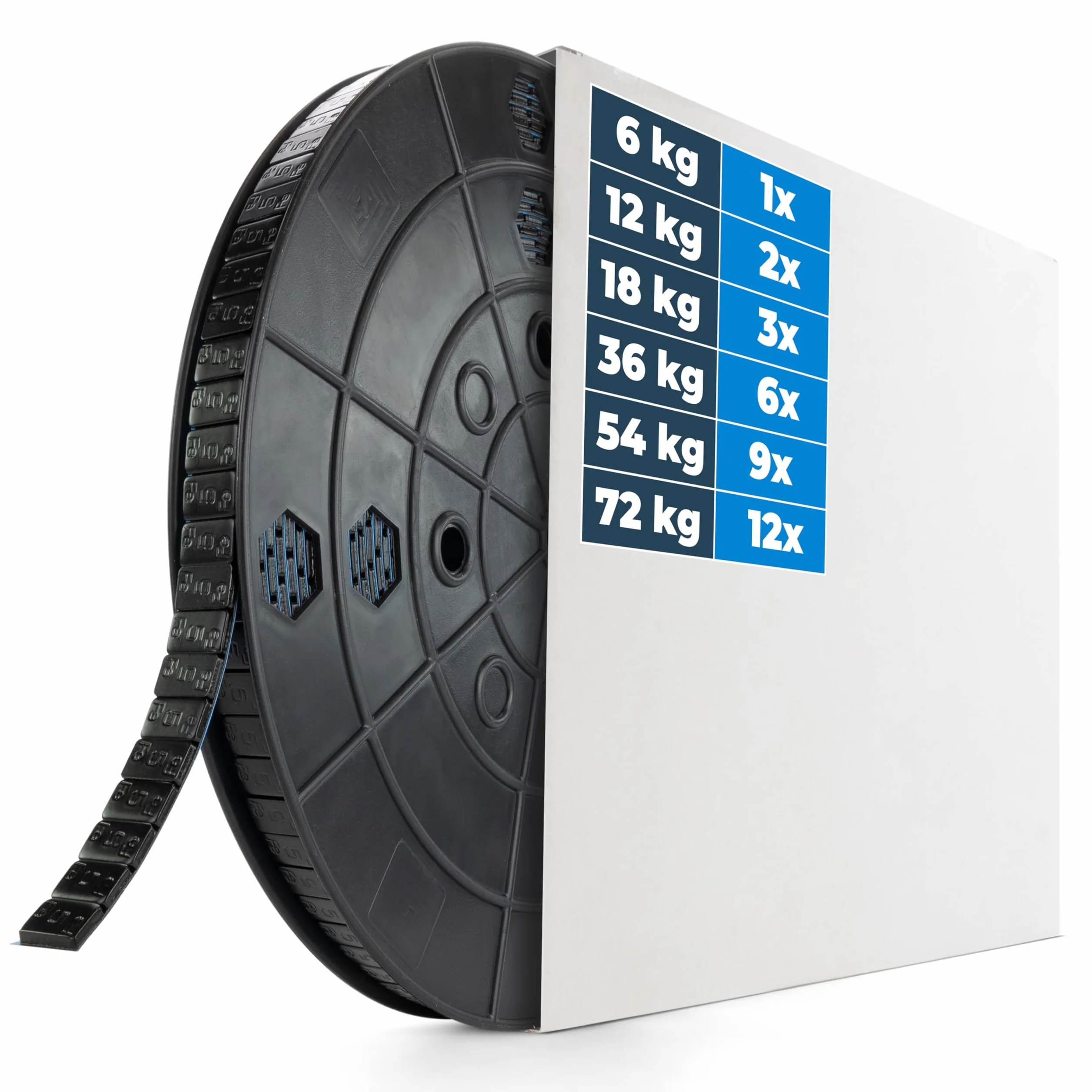HASKYY Pesos adhesivos de acero, 36 kg, rollo de 7200 x 5 g, barra adhesiva negra con borde de demolición, pesos de equilibrio para llantas de acero y llantas de aluminio, con revestimiento de