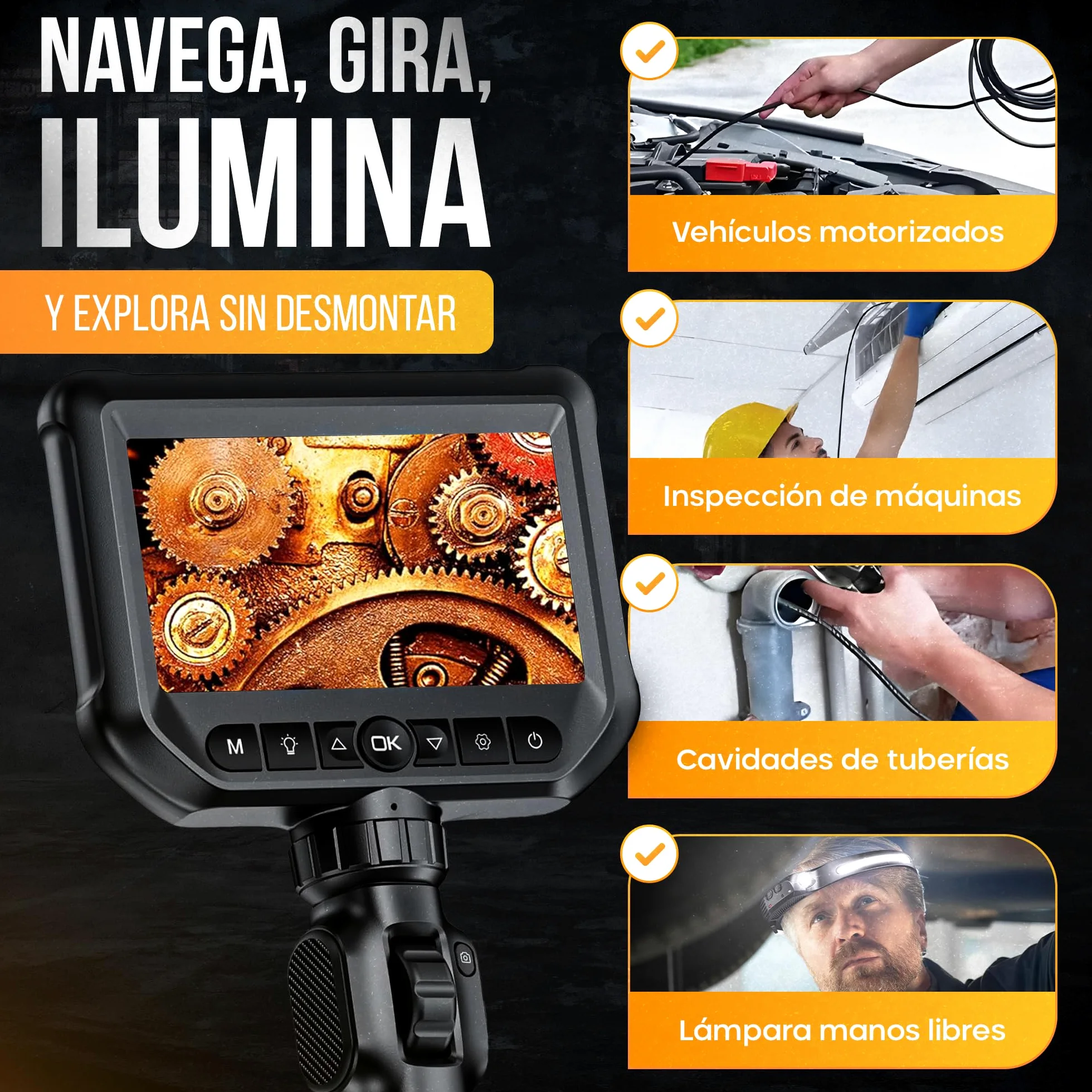 Valuefind Camara endoscopica Profesional Cabezal orientable a 360º endoscopio para inspeccion de tuberias/canalisacion mecanicos/fontaneros Cable de 1 m autofocus + lampara Frontal Manos Libres