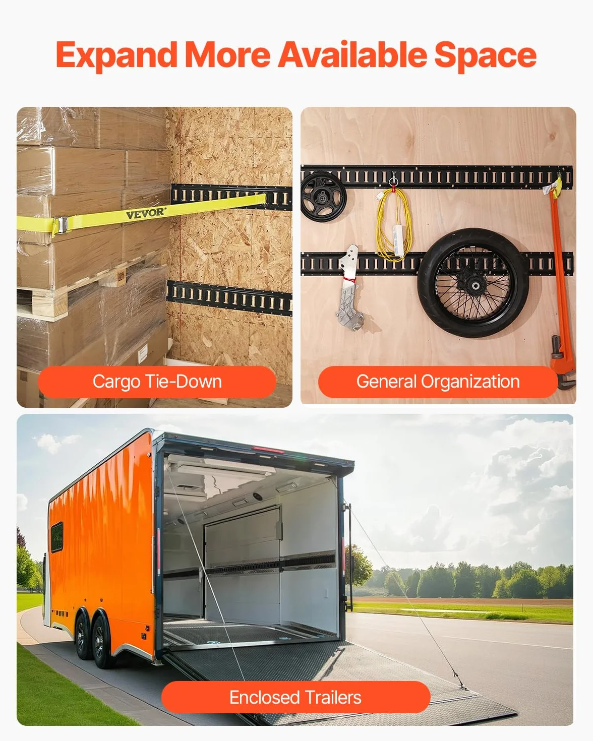 VEVOR Kit de riel de Amarre E Track, 30 Piezas de 5 pies E-Tracks Incluye 4 rieles de Acero y 2 Ranuras Individuales y 8 Juntas tóricas y 8 amarres con Anillo en D y 8 Tapas Finales