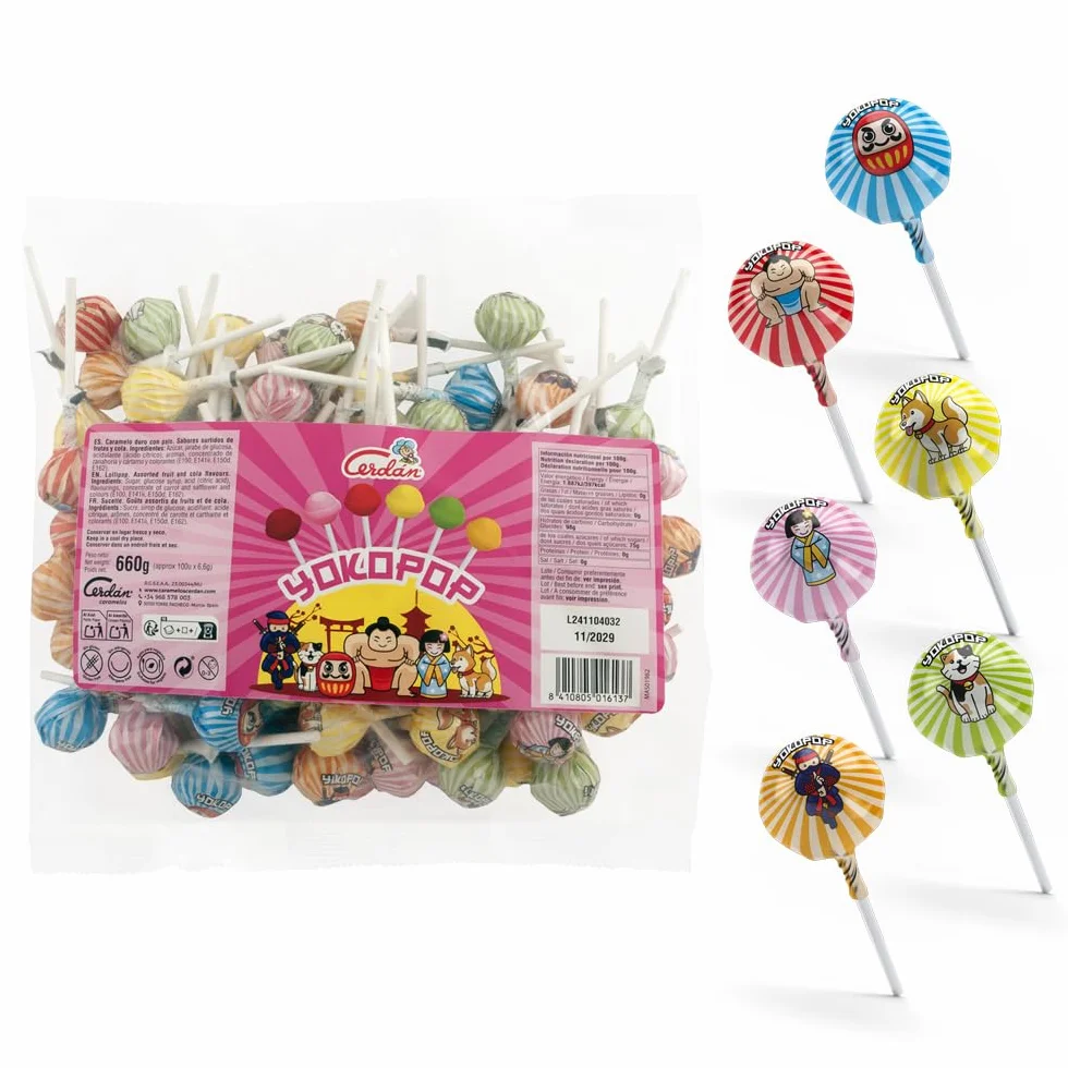 Caramelos Cerdán Mini YokoPop con Palo Sabores Variados Bolsa 100 Unidades Sin Gluten