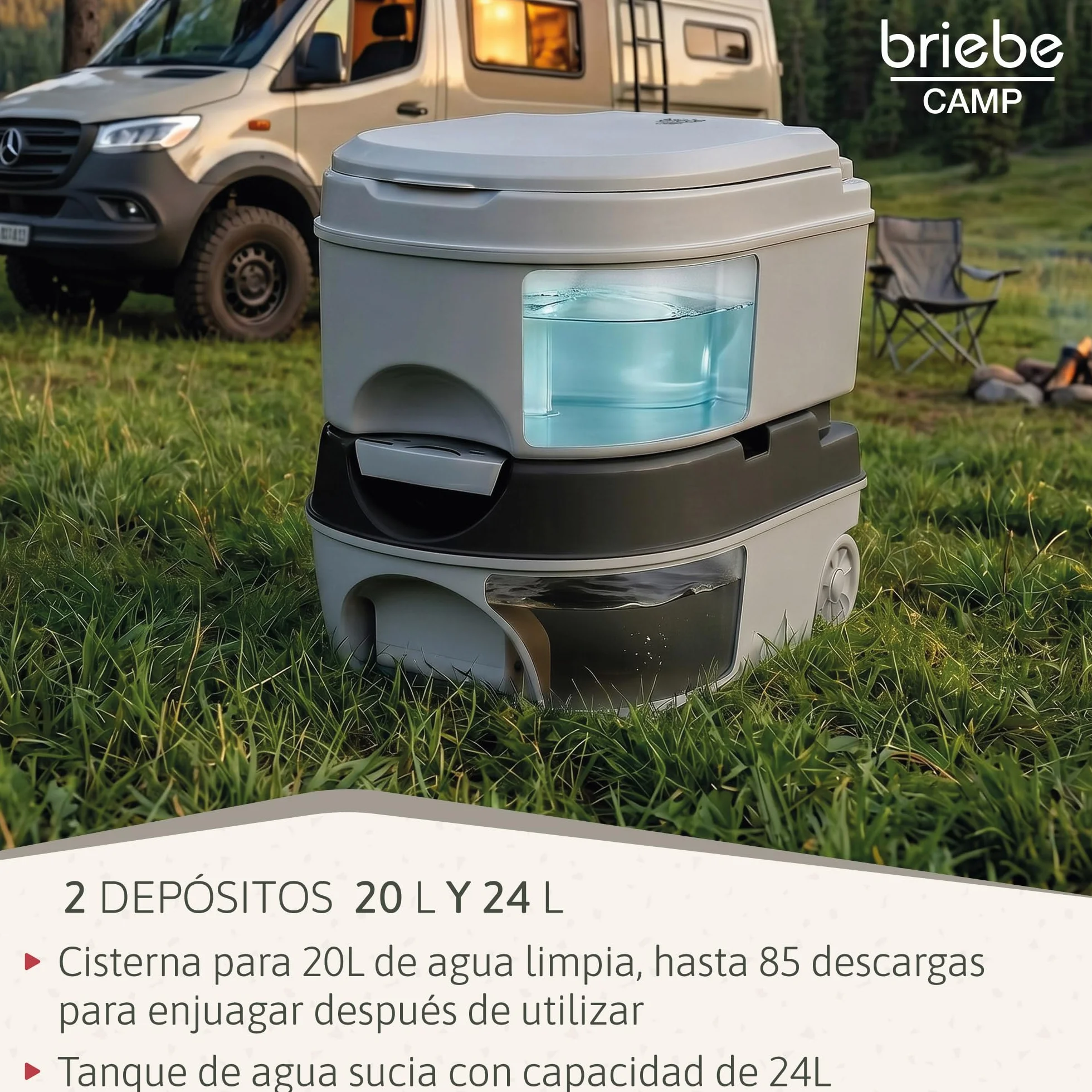 briebe Camp WC Inodoro Portátil Químico con Ruedas Adultos Potty 24L Camping, Camper, Auto Caravana, Water con Cisterna Descarga Agua 20L, Válvula Drenaje sin Fugas, Fácil Limpiar y Vaciar WC1196G