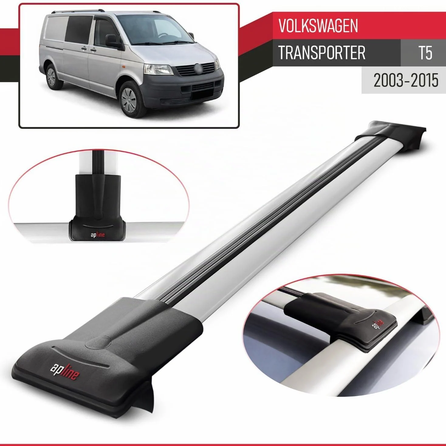 Compatible con Volkswagen Transporter (T5) 2003-2015 Modelo Fly Barra de Techo Auto Portaequipajes Barras Transversales Gris Aluminio 2 Barras