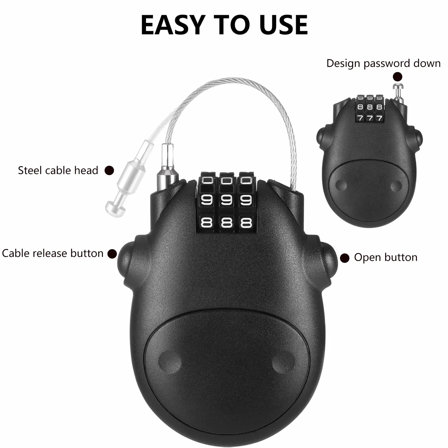 Fentar 2 candados de cable, cerradura de combinación pequeña a prueba de óxido, cerradura flexible para casco, cerradura de scooter, cerradura de bicicleta ligera, bloqueo de cable retráctil de acero