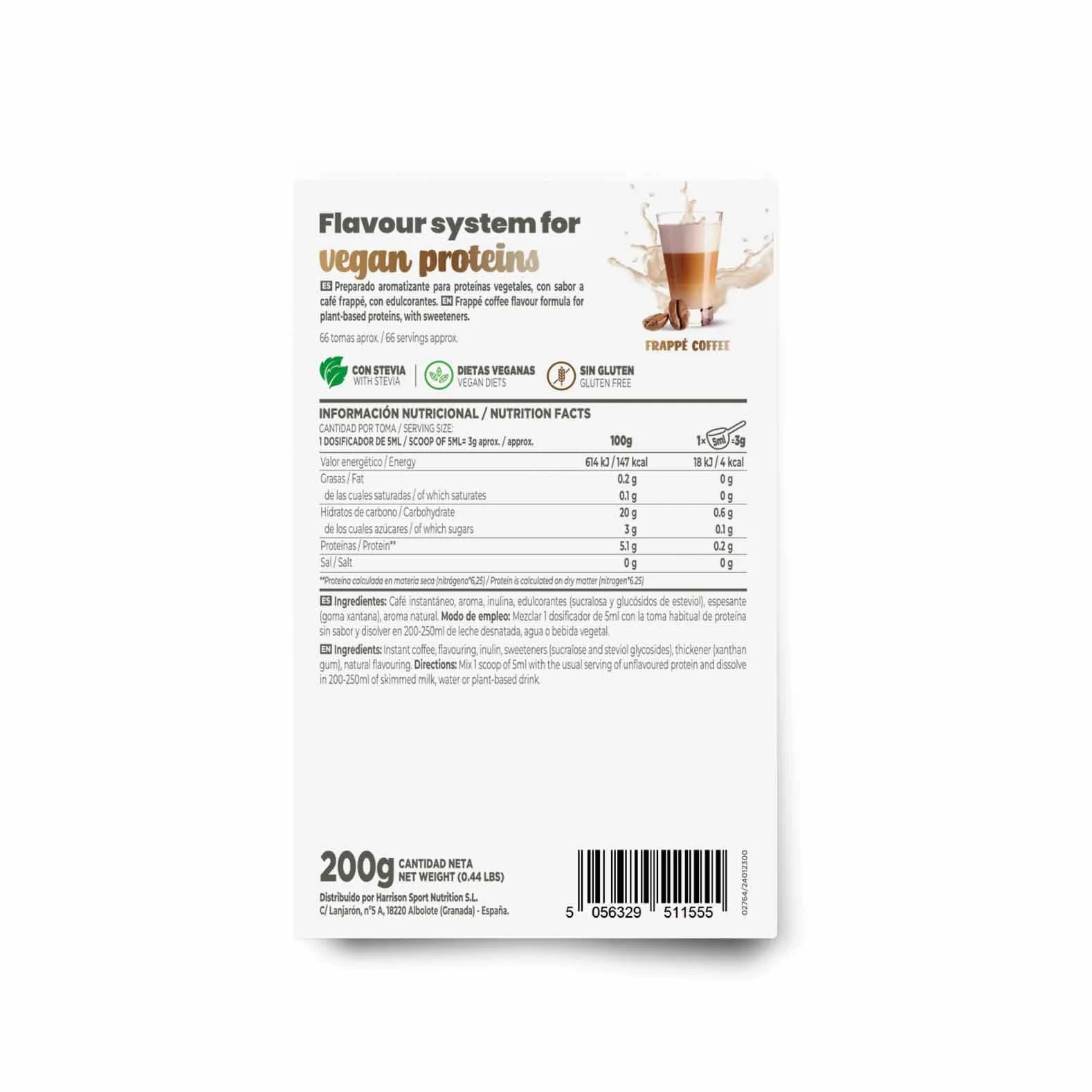 Saborizante para Proteínas Vegetales HSN Café Frappé 200 g 66 Tomas Keto Vegana No-GMO Sin Gluten