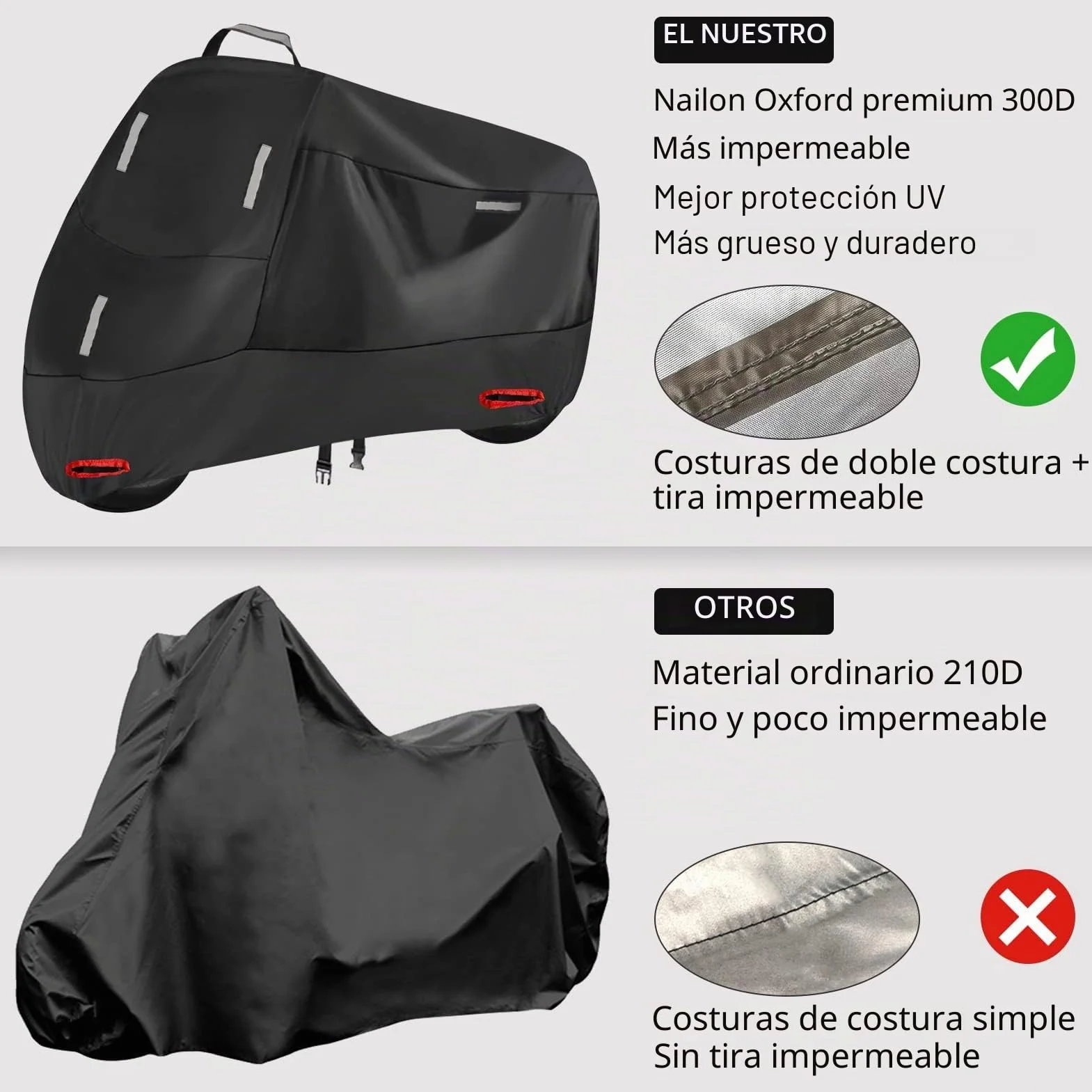 Funda Moto Impermeable para Exterior Interior, 300D Cubierta de Motocicleta Scooter Moped con 5 Tiras Reflectantes y 2 Orificios para Cerradura, 2 Hebillas de fijación (L: 220 x 95 x 110 cm)