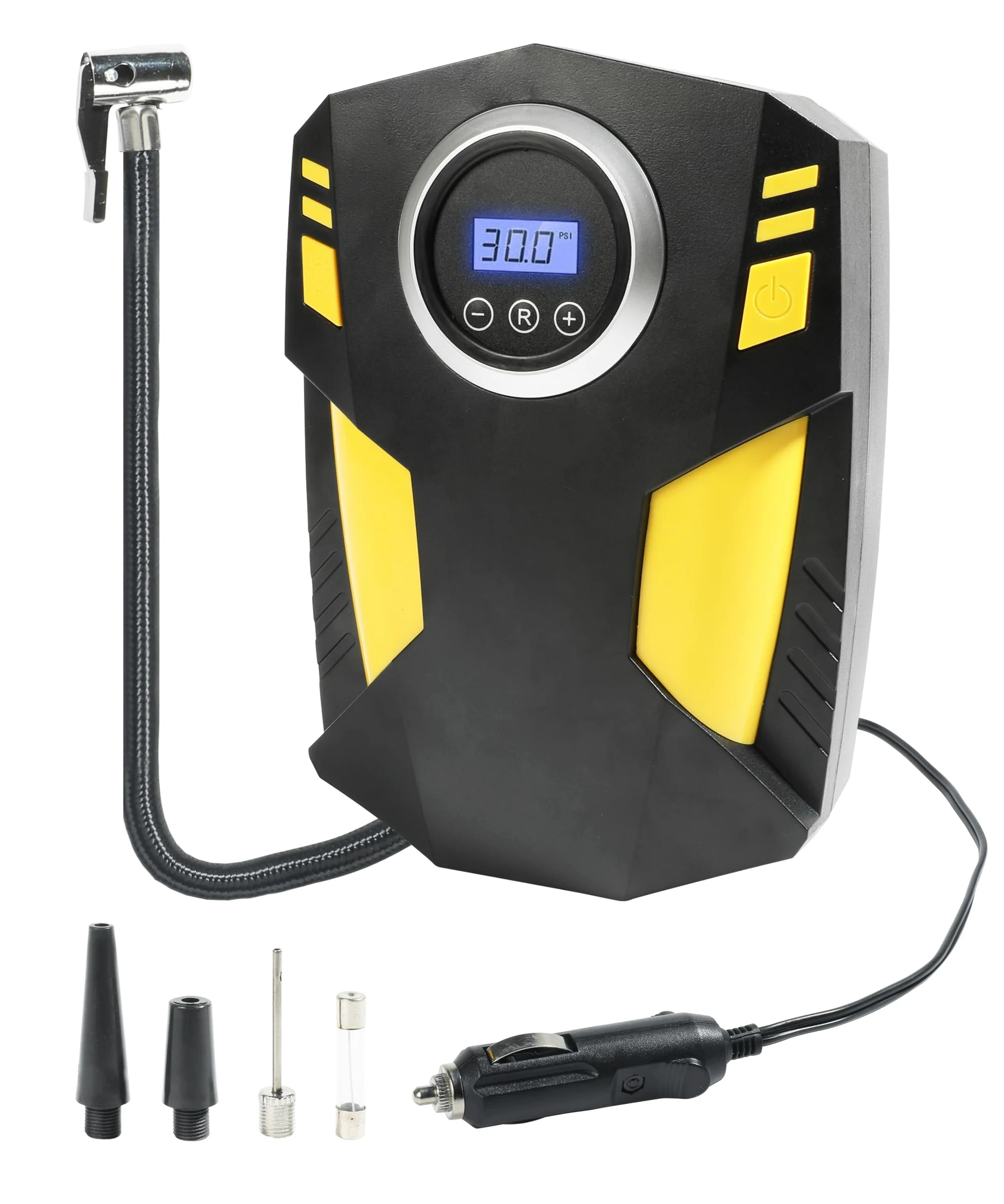 YAKEFLY Inflador de neumáticos, compresor de aire portátil, bomba de neumáticos de coche de 12 V CC con medidor de presión digital, apagado automático de 150 PSI con flash LED de emergencia, compresor