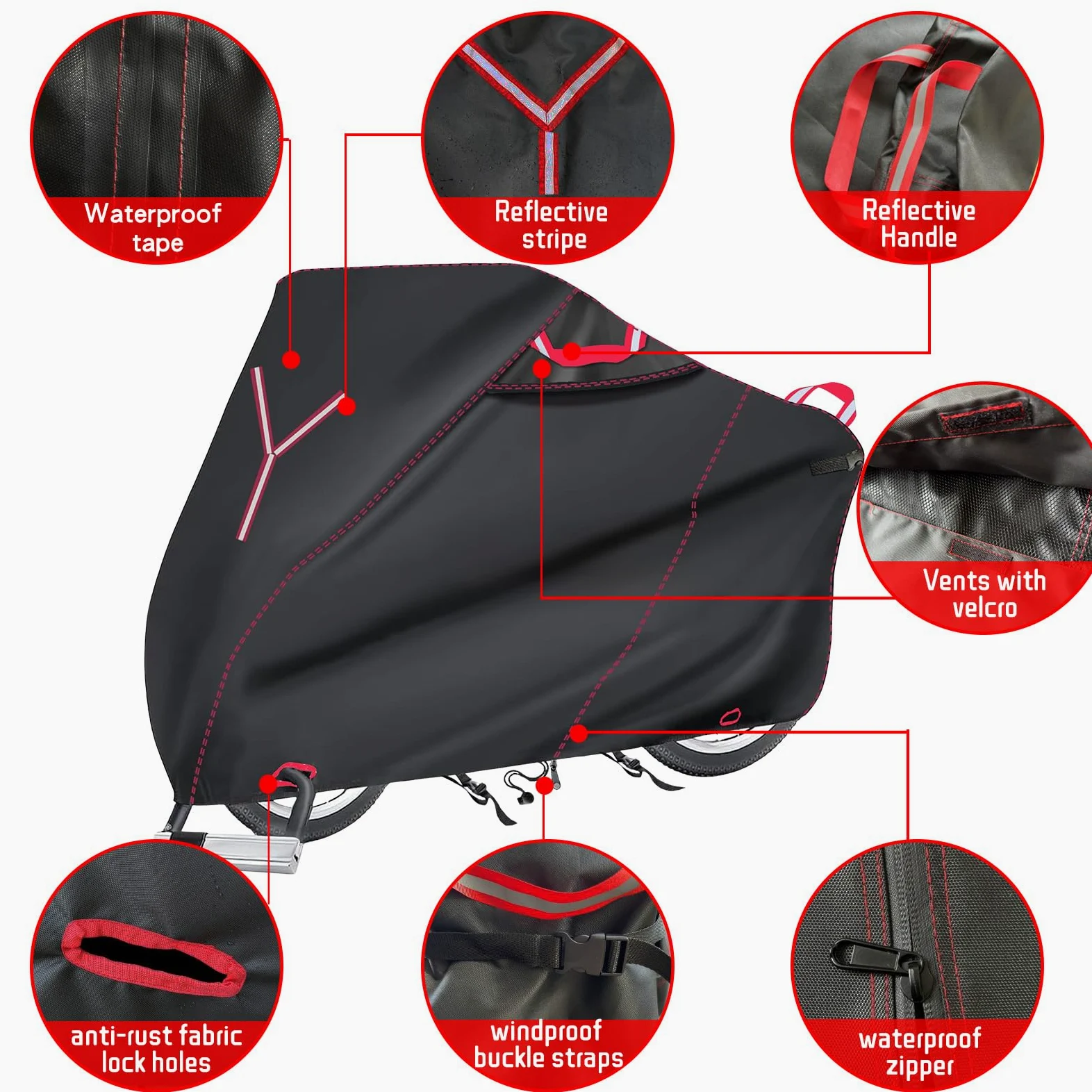 Funda resistente para motocicleta, 800D para almacenamiento al aire libre, cubierta universal impermeable para scooter con 3 asas reflectantes, 2 pares de agujeros de bloqueo y 3 hebillas fijas, 91 x
