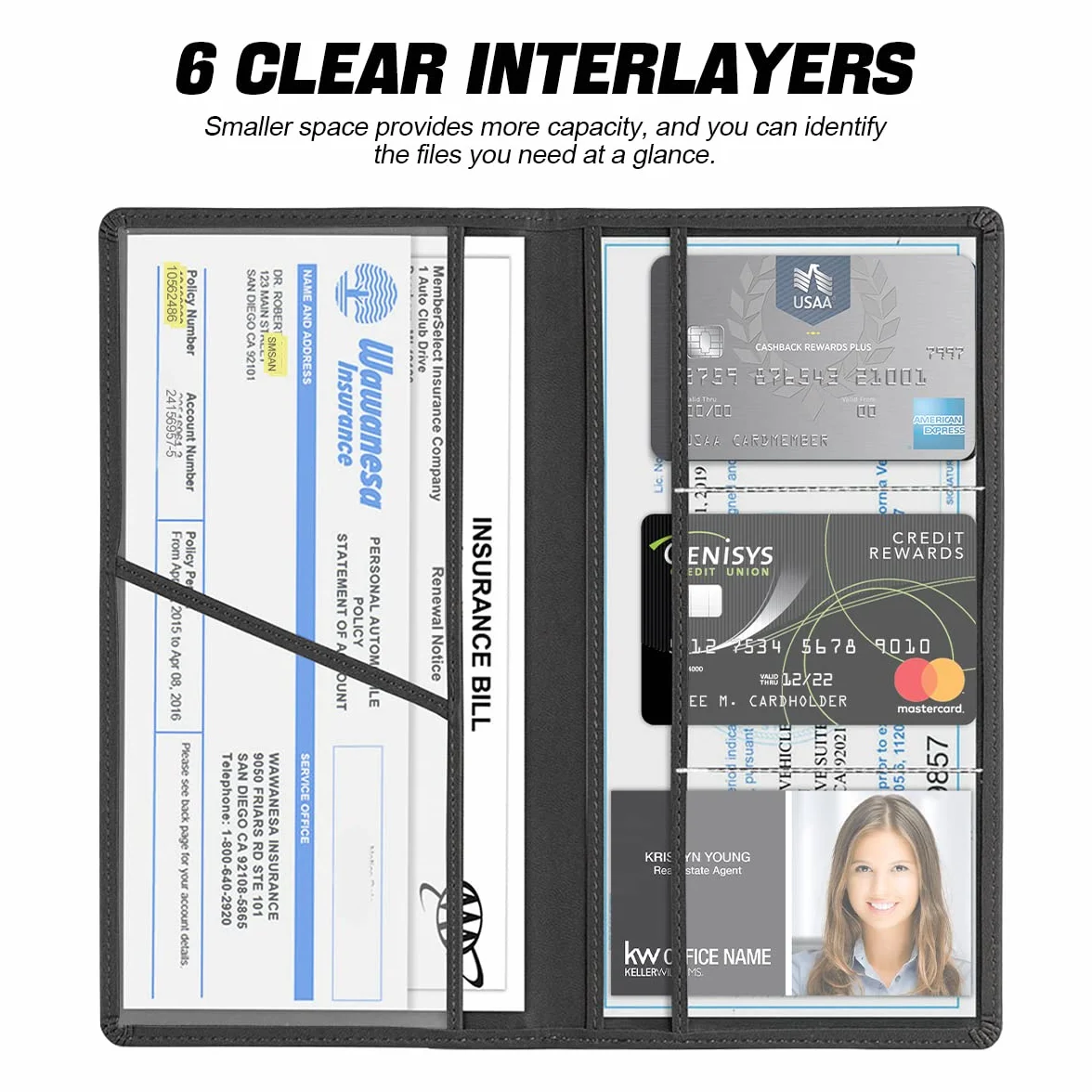 JNNJ Funda protectora para guantera y soporte de documentos, autorización de coche, piel sintética, organizador para documentos importantes (negro)