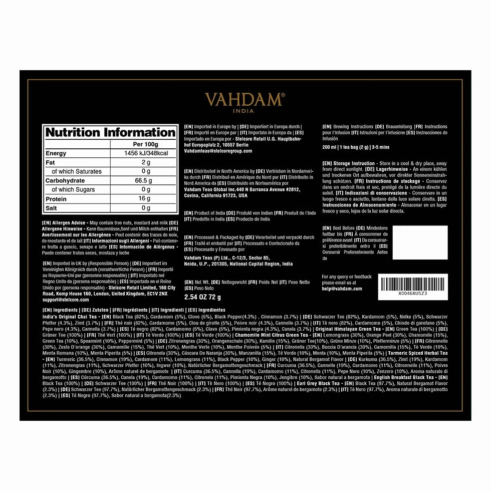 VAHDAM Founder's Selection Caja De Regalo De Té 6 Sabores 36 Bolsas Surtido De Té
