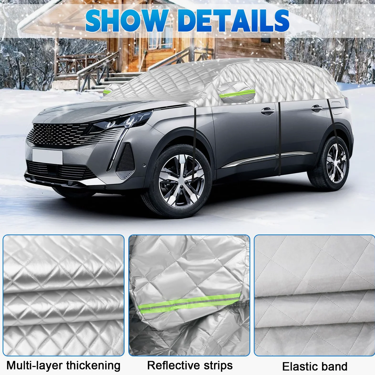 Funda de Coche Exterior Compatible con Peugeot 5008 T87 P87 2009-2025, 6 Capas Media Funda Coche con Ganchos, Tira Reflectante y Tapones para Orejas para Protección contra Hielo y Nieve