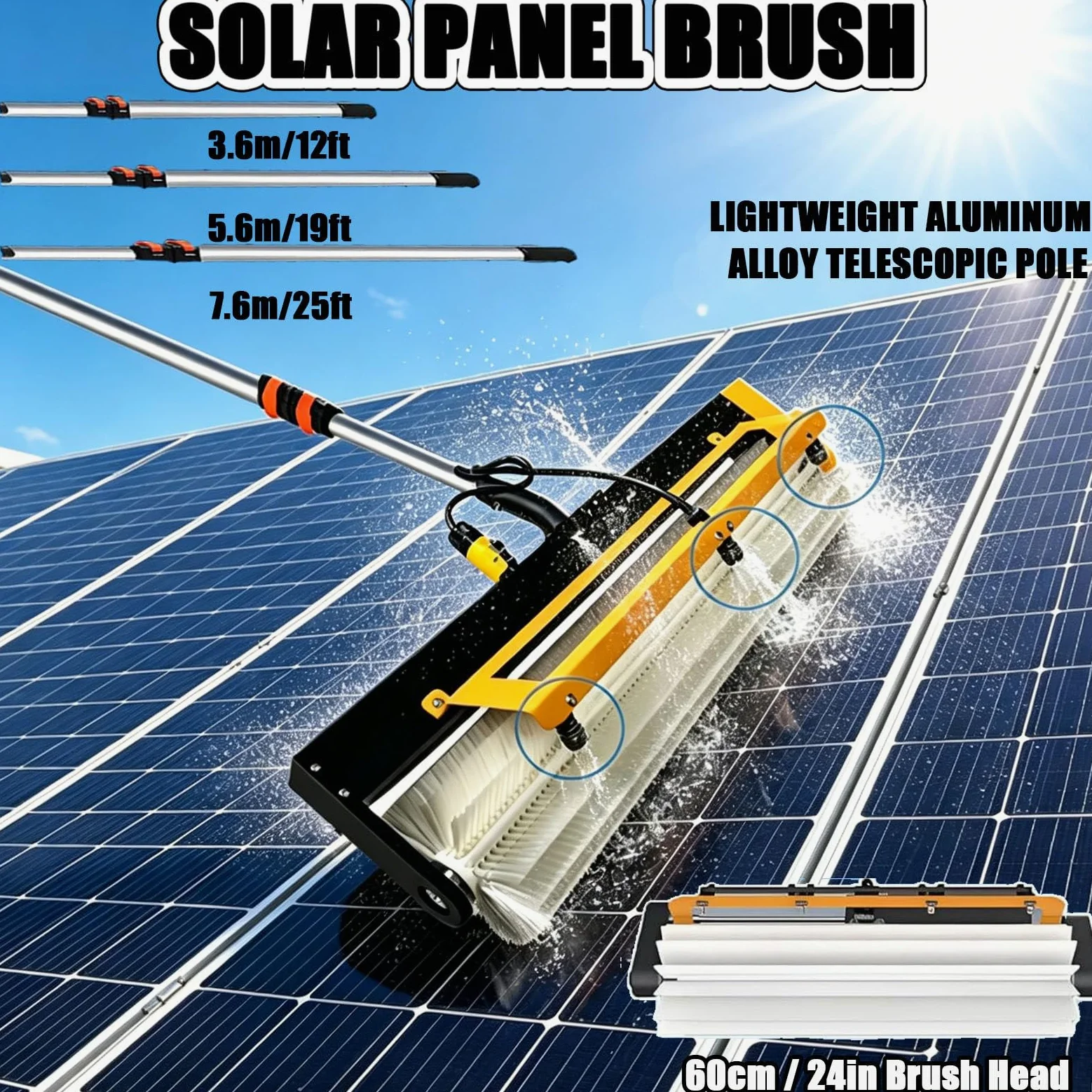 Cepillo de limpieza de paneles solares, cepillo eléctrico de rodillo de lavado de paneles fotovoltaicos, 150 W/380 rpm, modos húmedo/seco, cabezal de 60 cm, poste de alimentación de agua de 3,5 m