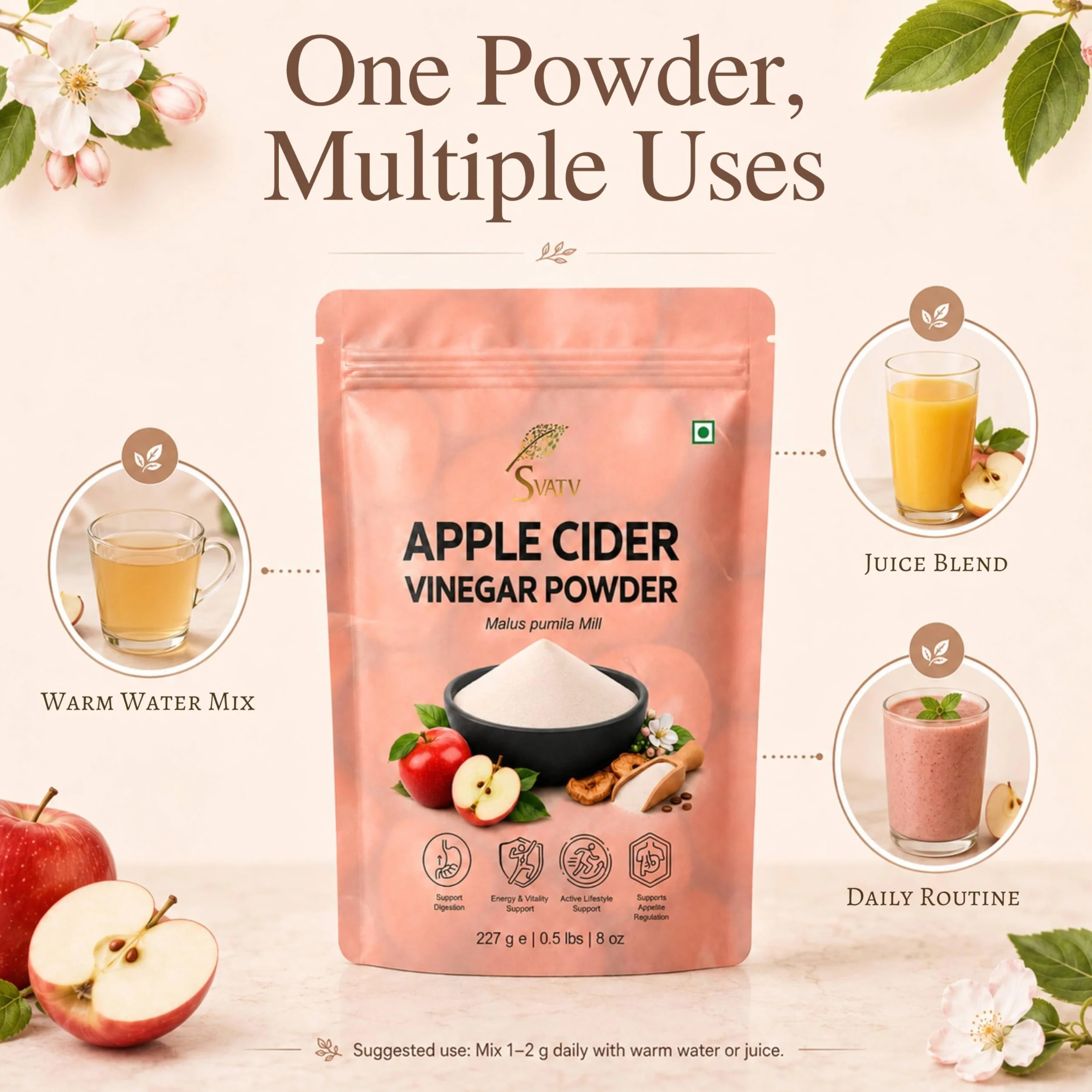 SVATV Vinagre de sidra de manzana natural en polvo 227g Sin gluten 75 porciones