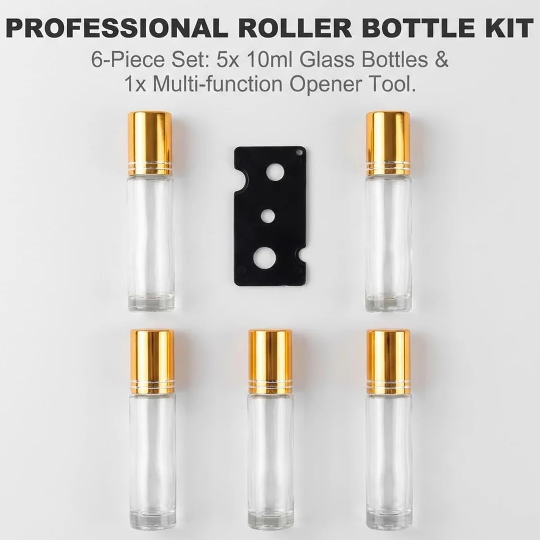 Botellas de Aceite Esencial 10 ml con Abridor, Roll On Rellenable, Vacía con Bola de Acero Inoxidable, Cristal