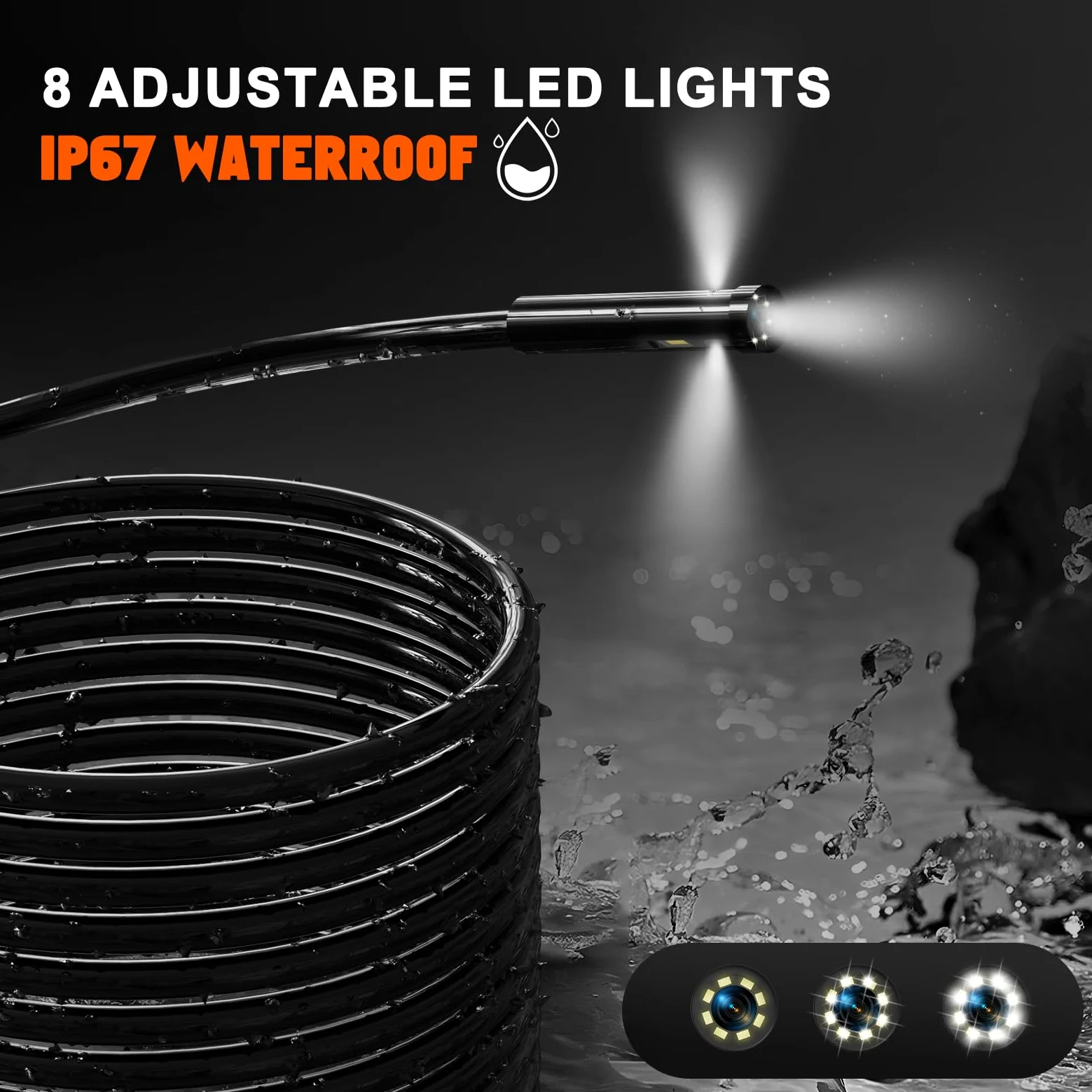 Endoscopio Industrial de Triple Lente, Cable de 15m de Serpiente Flexible con 8 más 2 Luces LED, 5" Pantalla IPS Cámara de Inspección, 1080P Cámara Inspección Tuberias para Auto, Fontanería