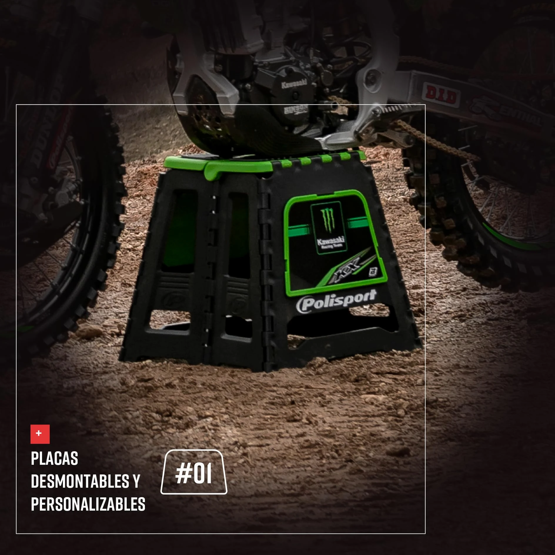 Polisport Off Road 8981500005 Caballete Plegable para Moto – Ligero, Motocross, Caballete Moto, Off-Road, Compacto, Portátil, 250 Kg, Podio Oficial FIM, Caballete Moto, Verde