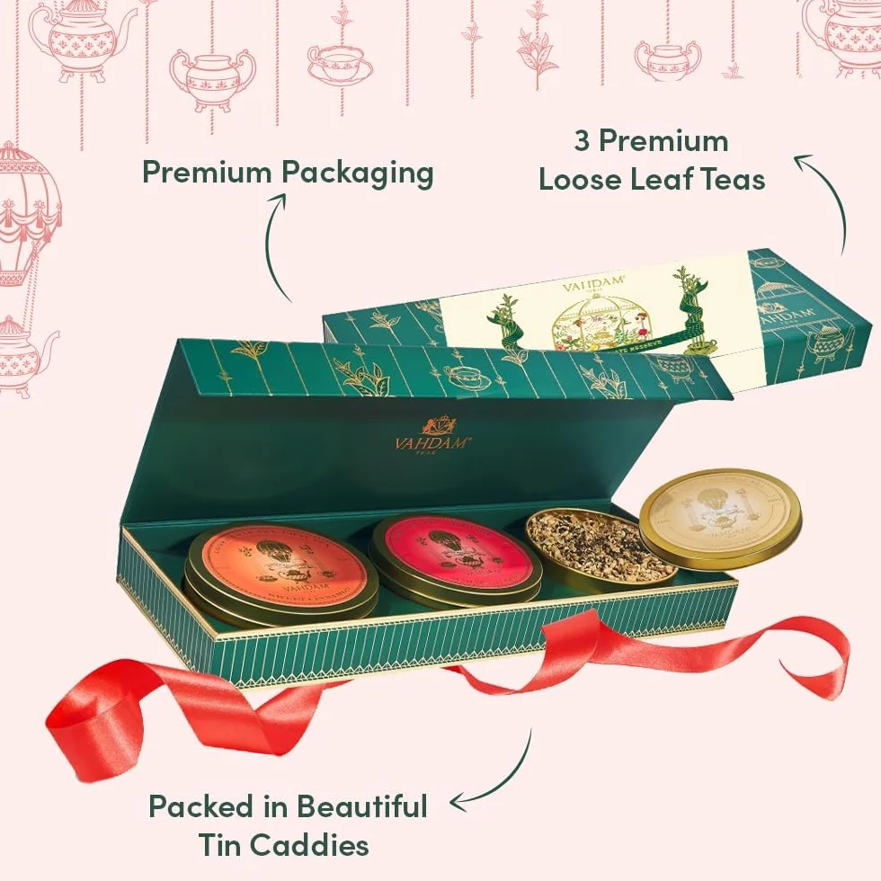 VAHDAM Juego De Regalo De Té Chai 3 Variedades Surtido De Té Suelto 100% Puro Sin Gluten Sin OGM Caja De Regalo