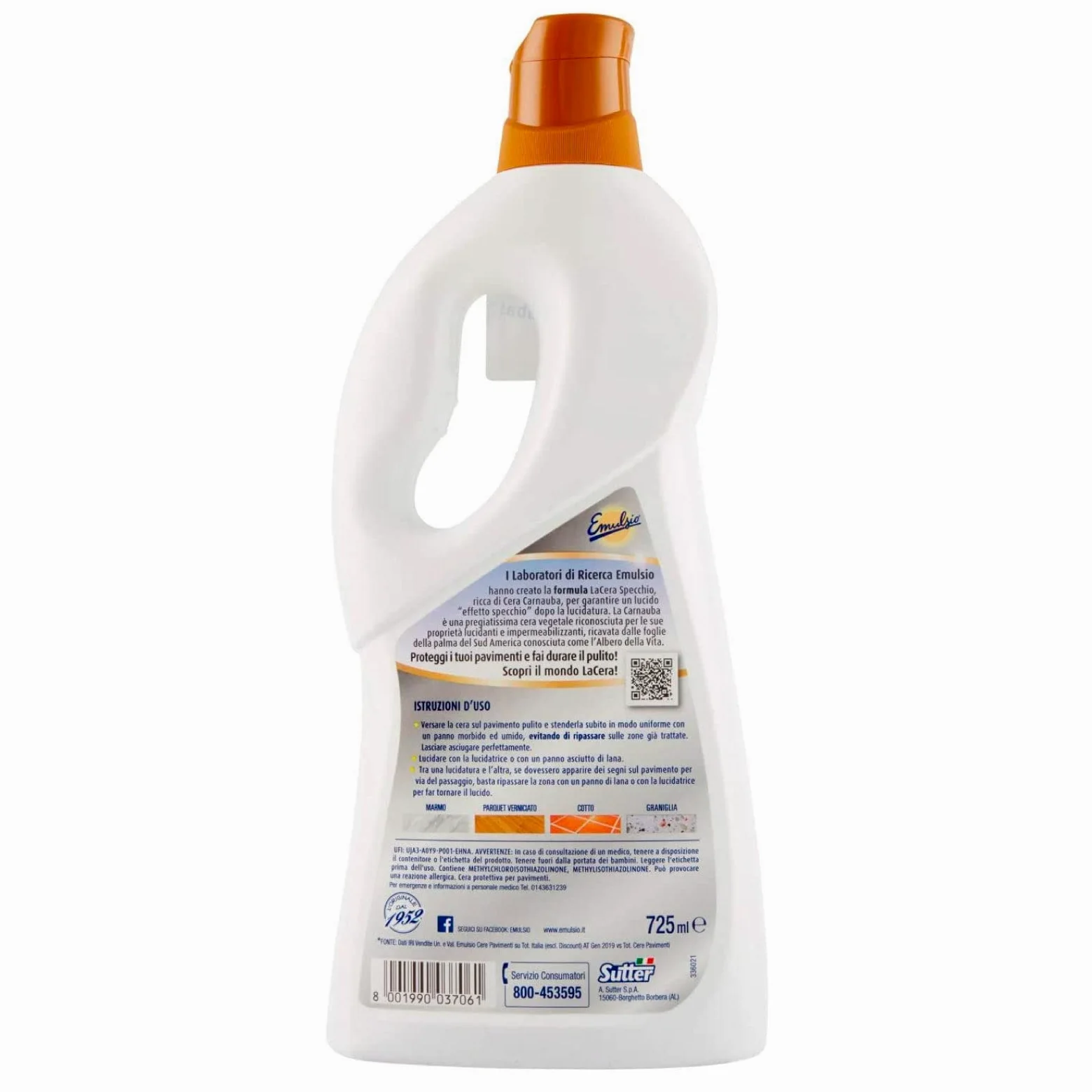Emulsio - Cera de espejo tradicional para todos los suelos, específica para pulidora, fórmula con cera de carnauba natural, acción protectora e impermeabilizante – 6 botellas de 725 ml