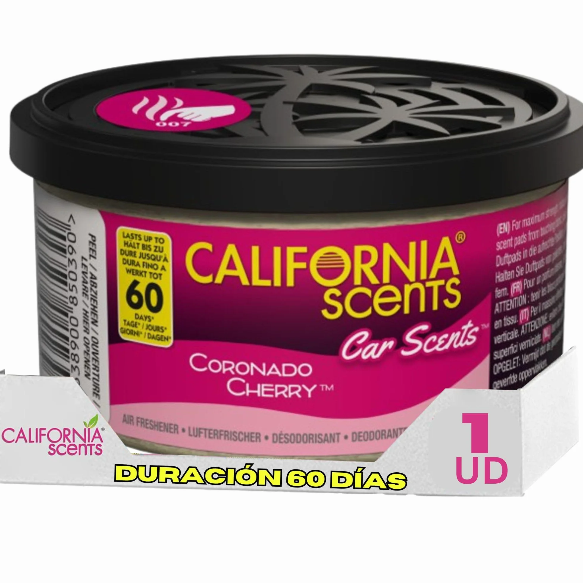 California Scents Ambientador de coche en Lata - Fragancia Duradera de Cereza (Hasta 30 Días) - Control de Intensidad de Olor para un Ambiente Fresco y Personalizado en tu Coche, 42g