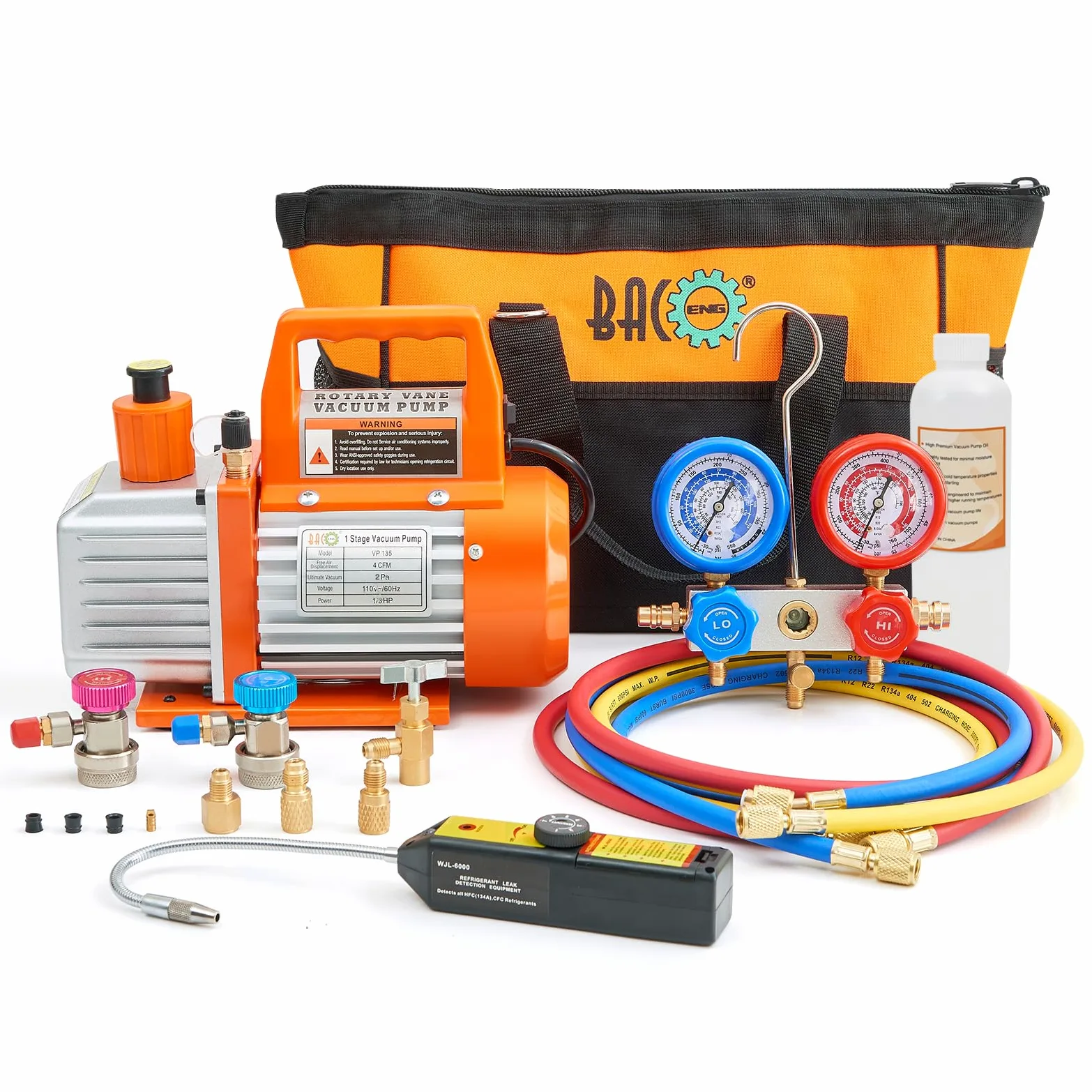 BACOENG Juego de Bomba de vacío y manómetro de CA de 4 CFM, Kit de Bomba de vacío HVAC con Detector de Fugas para refrigerantes R134a R410a R12 R22, con Grifo de Lata y acopladores rápidos