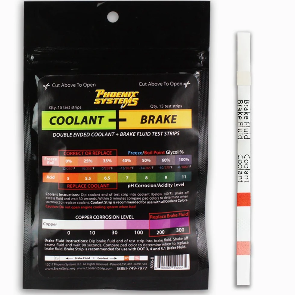 Phoenix Systems 8006-B Tiras de prueba de líquido de frenos y refrigerante de doble extremo (15 tiras de prueba envueltas en papel de aluminio), 1 paquete | Ideal para centros de servicio, pruebas DOT 3/4/5.1 líquidos de frenos y todos los tipos y colores