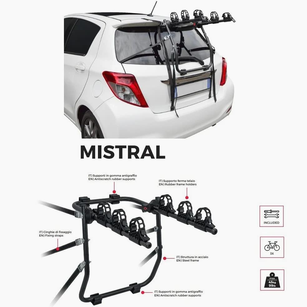 Compatible con Hyundai I10 (IA) del 13 al 17 Soporte para Bicicleta Coche, Portabicicletas Trasero para llevar 3 Bicicletas, Portabicicletas Menabo con 3 Posiciones de Acero y Ajustes Máximos 45 kg