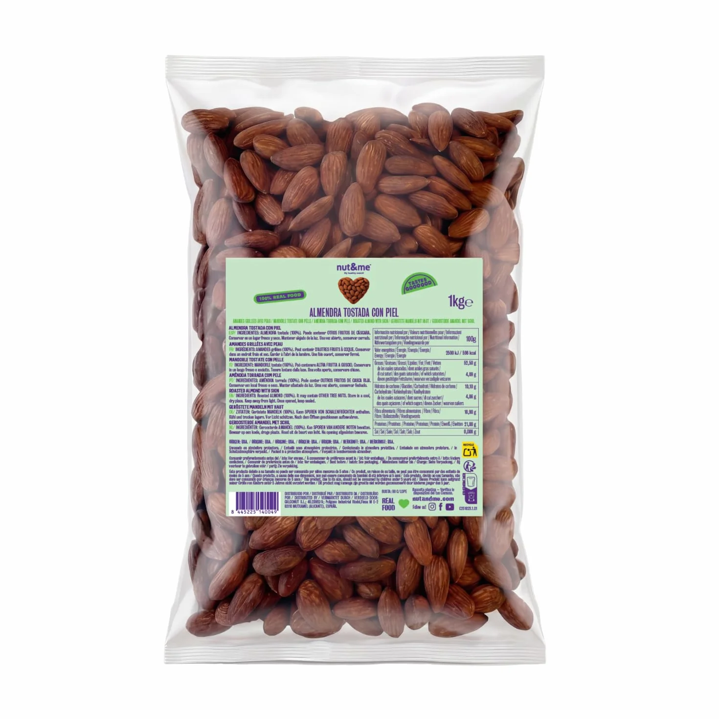 nut&me Almendras tostadas sin sal 1kg Sin gluten Keto Frutos secos Proteina vegana