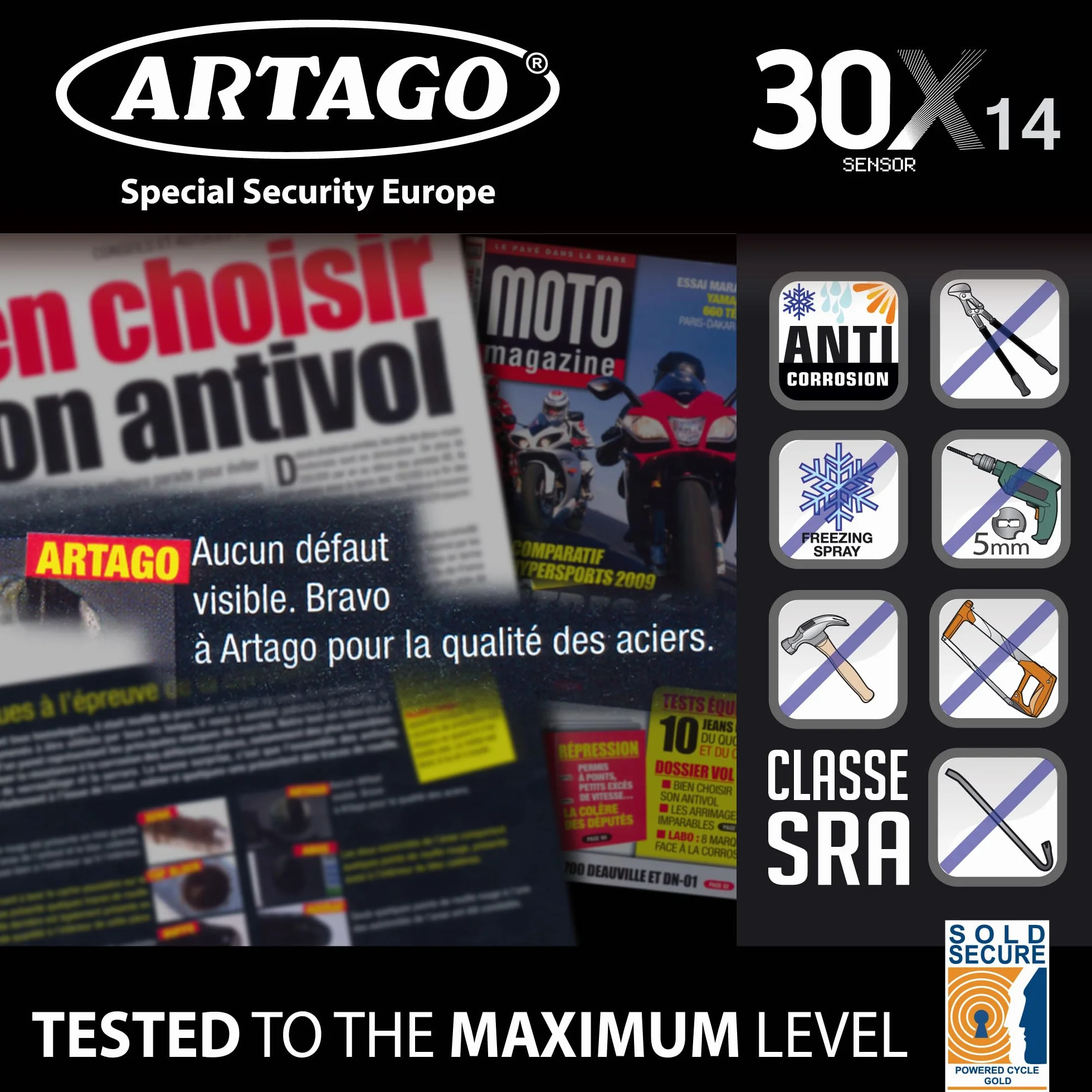 Artago 30X7 Pack Candado Antirrobo Disco con Alarma 120db Alta Seguridad + Soporte para Honda CB650F y CBR650F, Homologado SRA y Sold Secure Gold