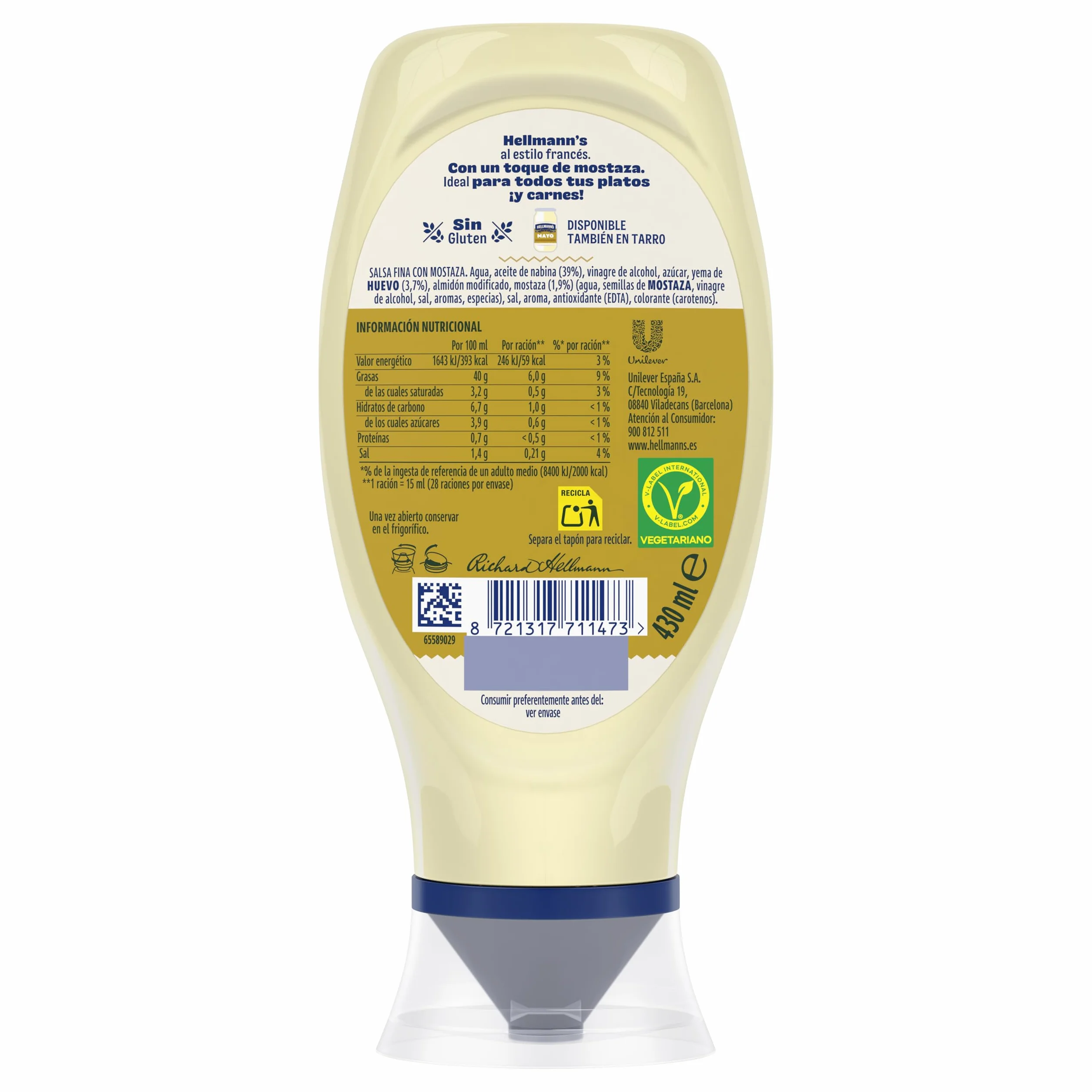 Hellmann's Salsa Francesa Mayonesa Estilo Francés Botella Boca Abajo 430 ml