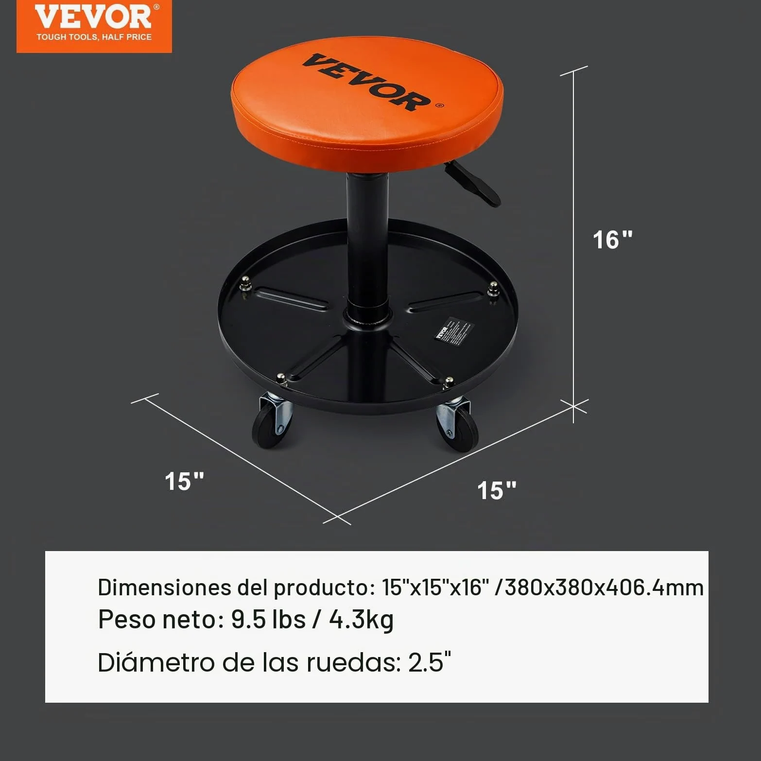 VEVOR Taburete de Taller Móvil Carga de 113,4 kg Taburete Mecánico con Ruedas Asiento de Taller Altura Ajustable con Bandeja de Herramientas Marco Resistente Cómodo Asiento Acolchado para Automóvil