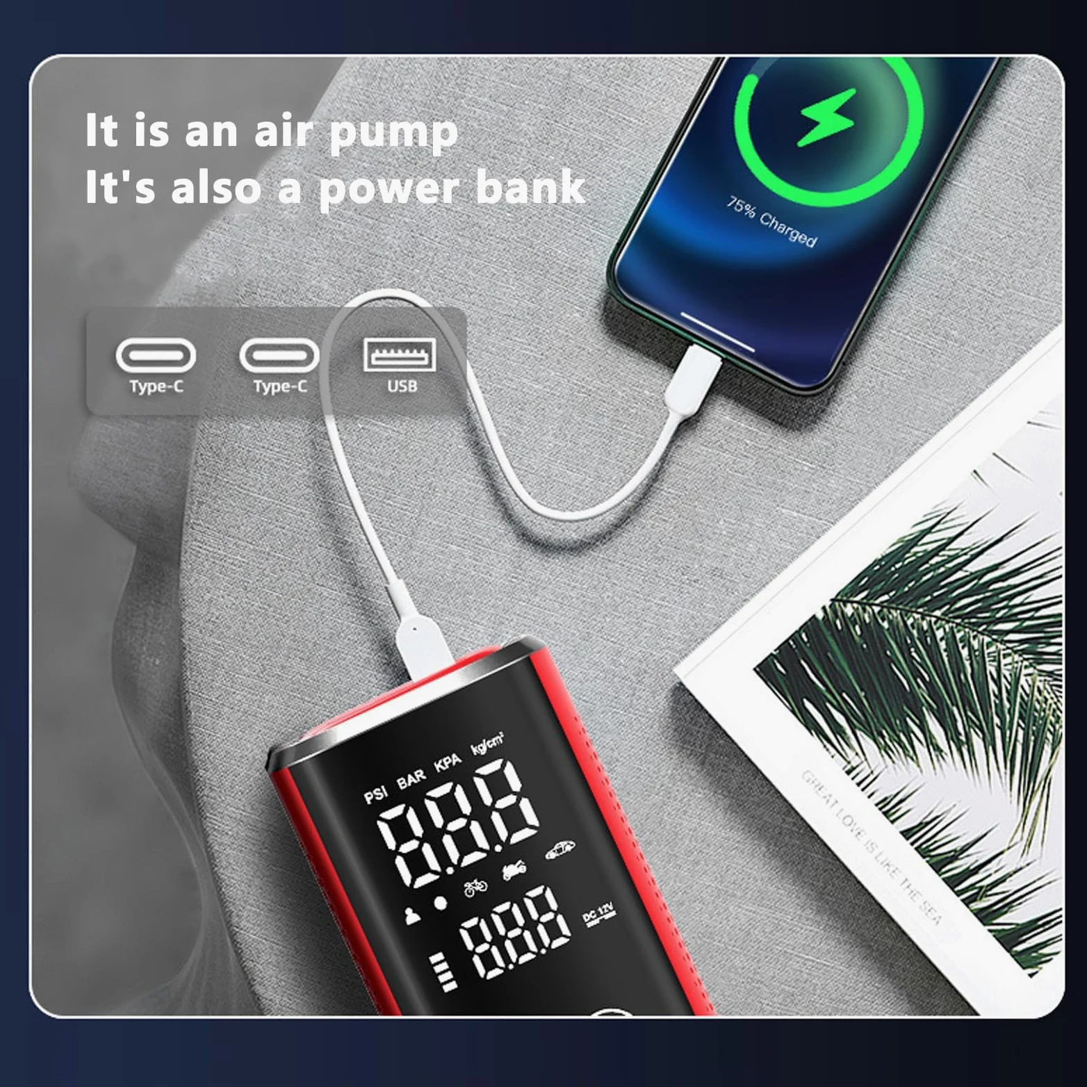 Inflador Neumáticos Recargable 12V Portátil, Compresor Digital Apagado Automático Luz LED SOS Power Bank para Coche Moto Bicicleta,Amarillo