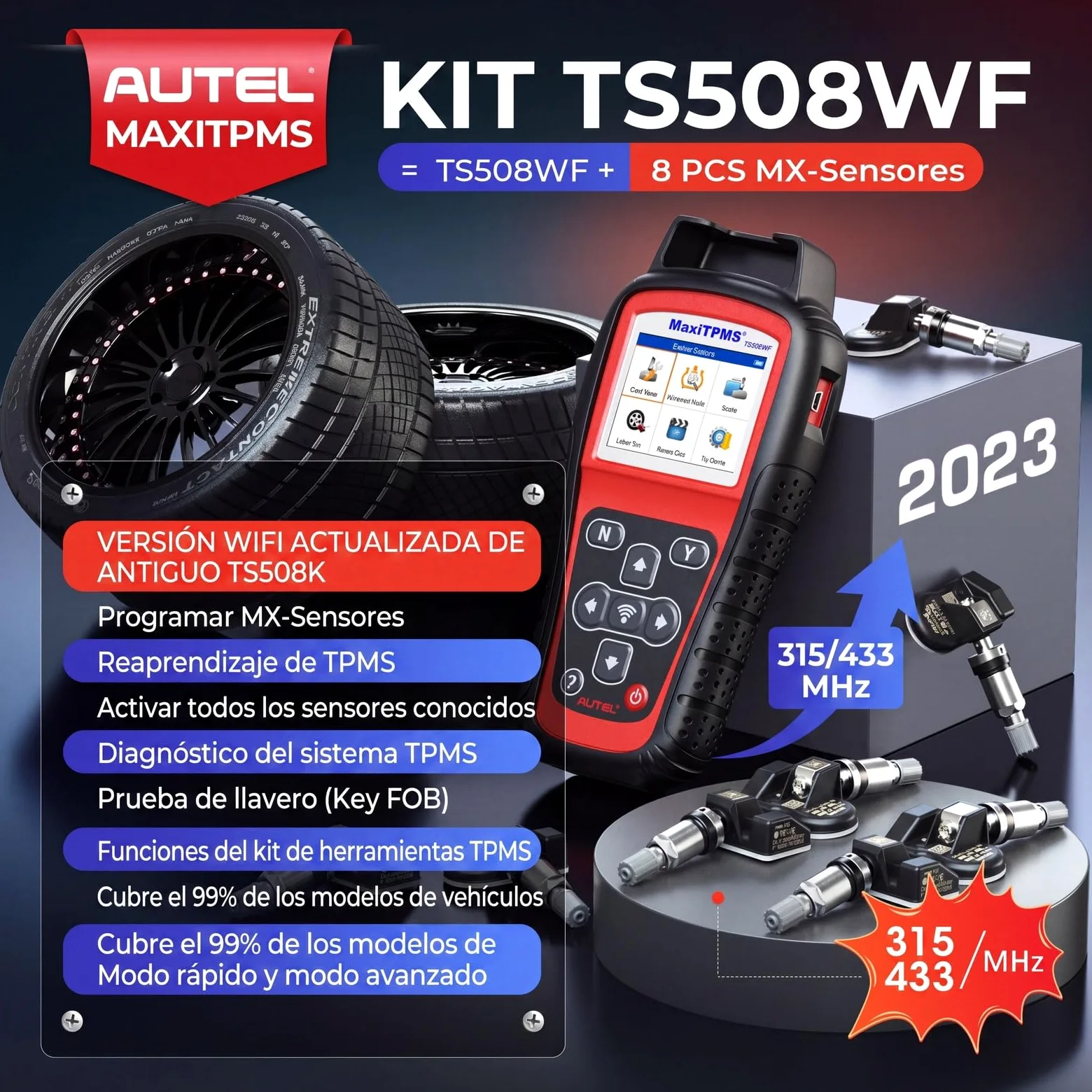 Autel MaxiTPMS TS508WF Herramienta de Programación TPMS, con 8PCS MX-Sensor(240€) WiFi Ver. TS508 TS501 Pro TS408S TS401 Herramienta de Reaprendizaje TPMS, Reiniciar/Reaprender/Activar Todos Sensores