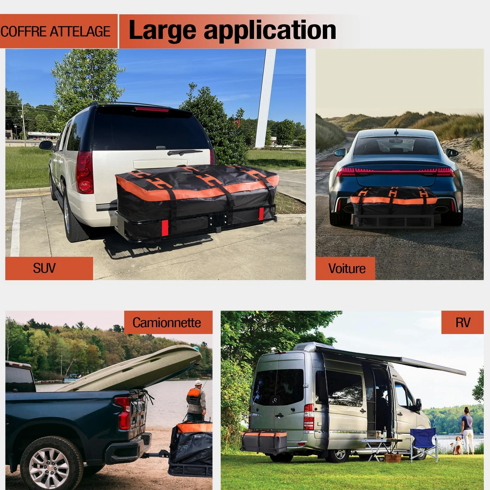 Cofre de enganche Cofre de techo para coche, cofre trasero para enganche de remolque, 566 l, revestimiento 600D, en PVC, caja de equipaje, impermeable, irrompible, plegable