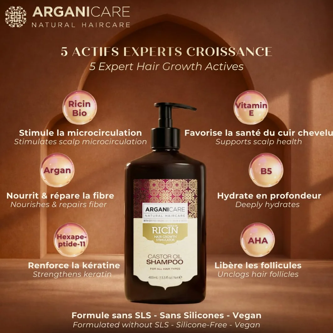 Arganicare Champú crecimiento cabello aceite ricino argán orgánico 400 ml